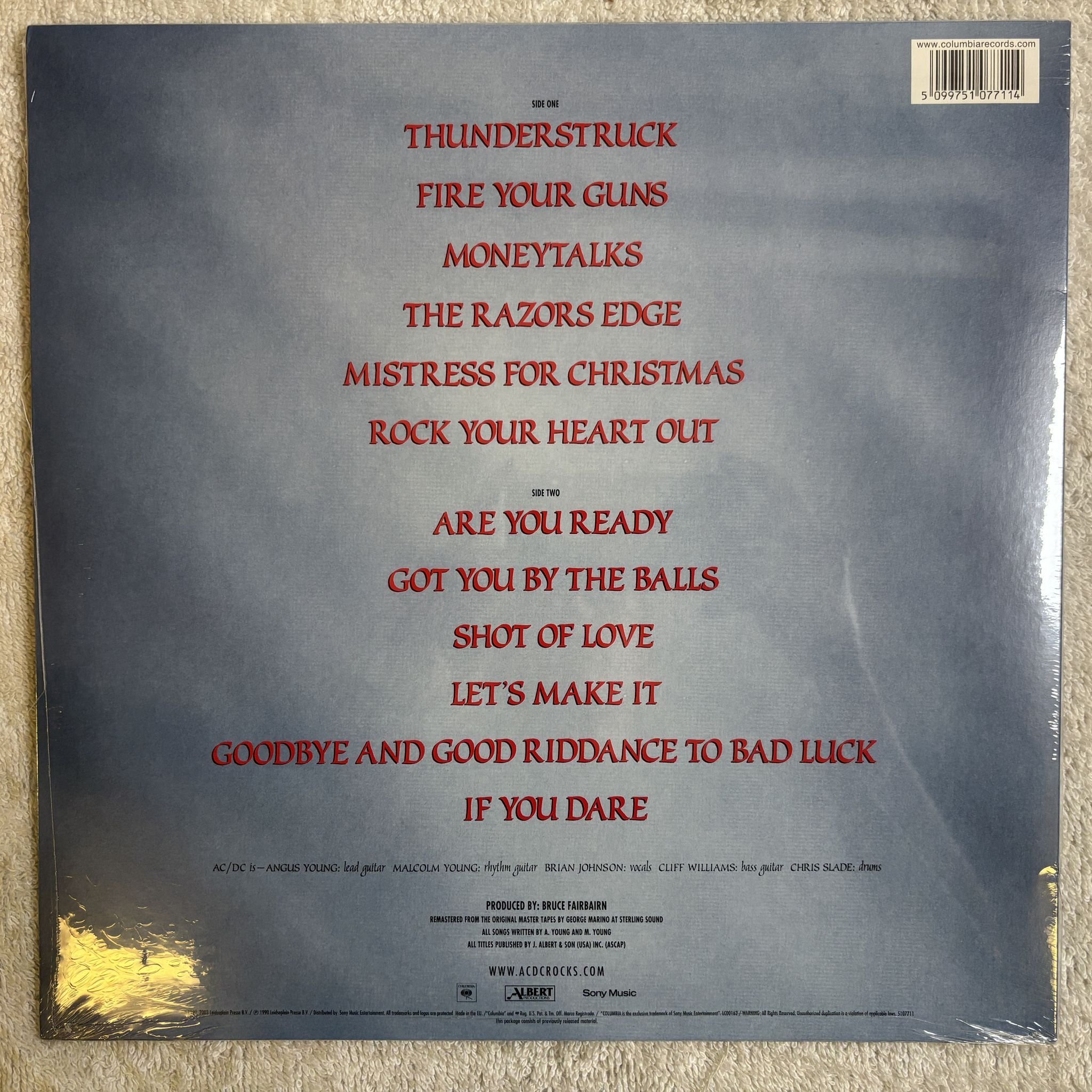 Omslagsbild för skivan AC/DC The Razors Edge LP -2009 Columbia – 5107711