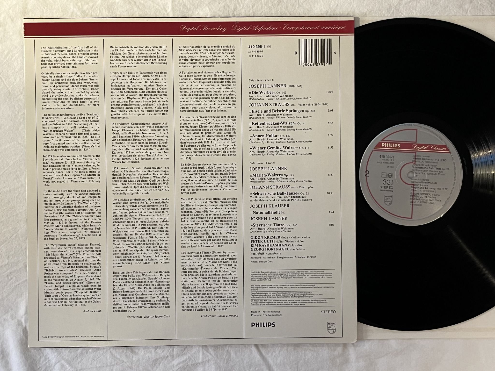 Omslagsbild för skivan GIDEON KREMER Walzer & Polkas LP -84 Hol PHILIPS 410 395-1