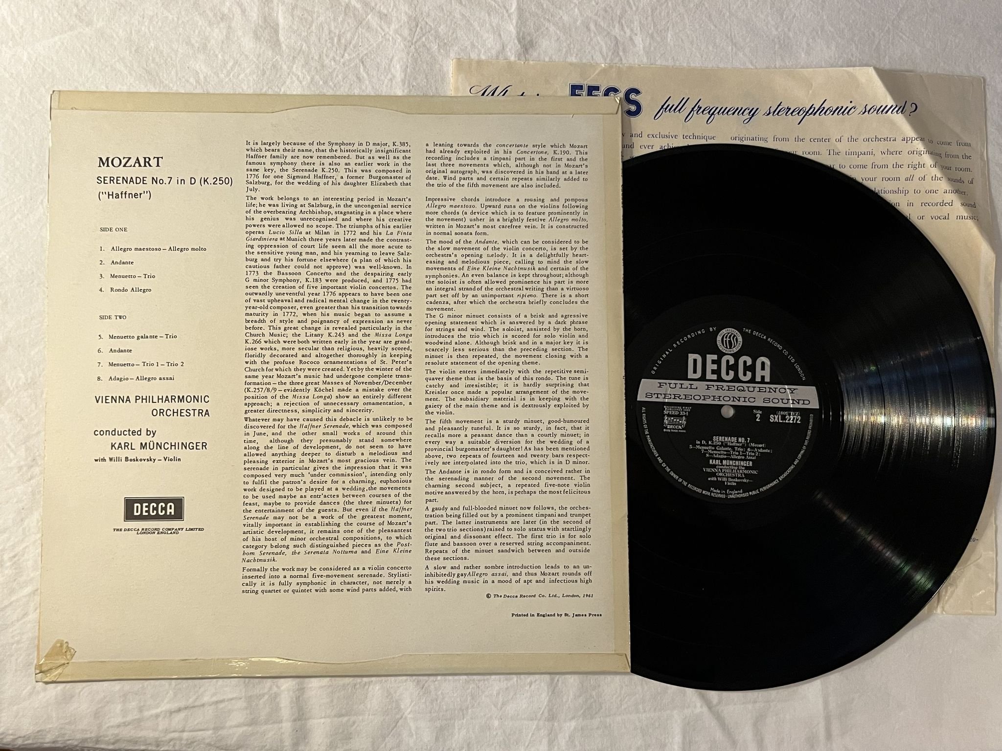 Omslagsbild för skivan KARL MUNCHINGER Mozart: Haffner Serenade vpo LP -61 UK DECCA SXL 2272