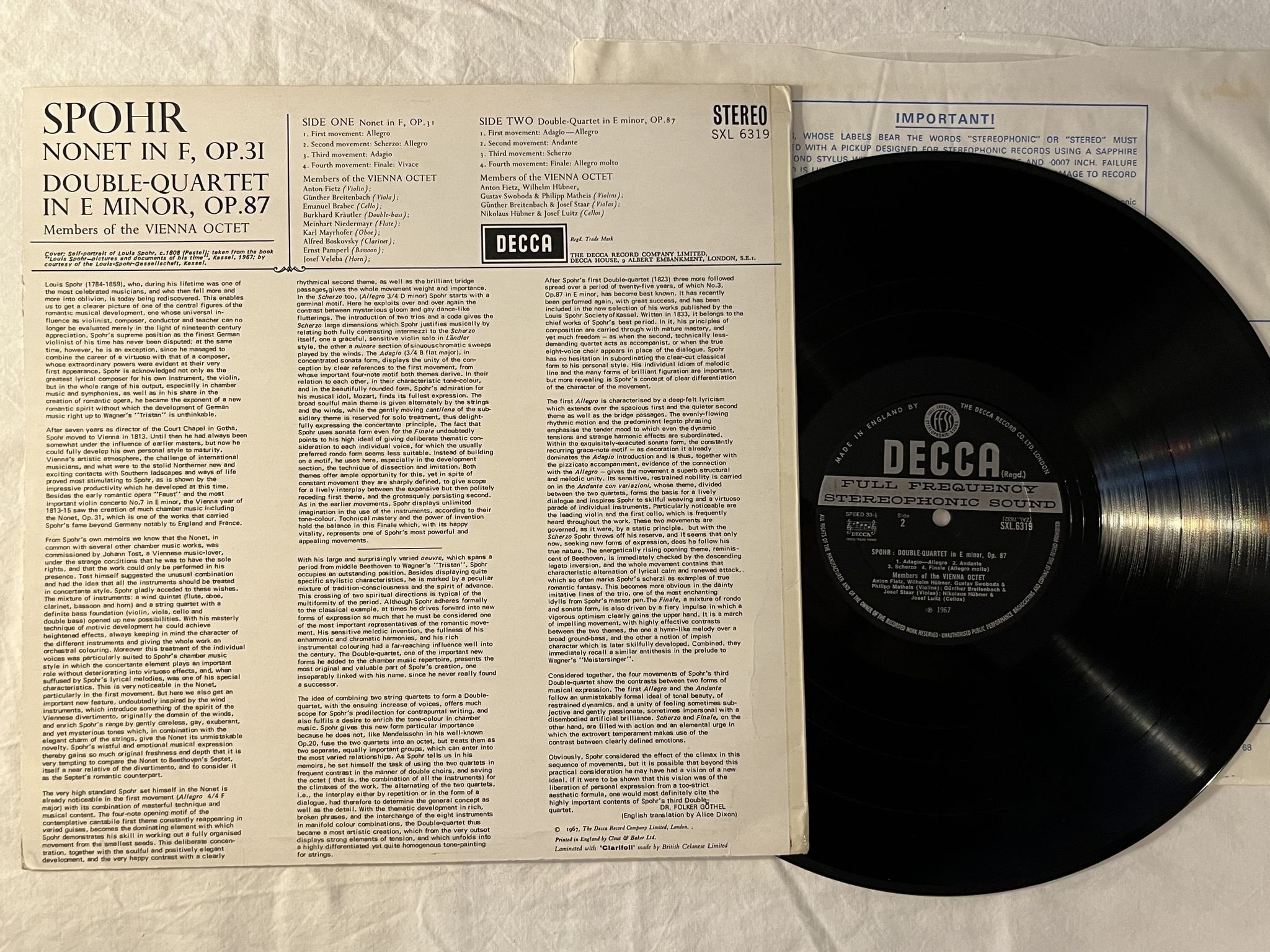 Omslagsbild för skivan VIENNA OCTET Spohr: nonet Op 31 LP -67 UK DECCA SXL 6319