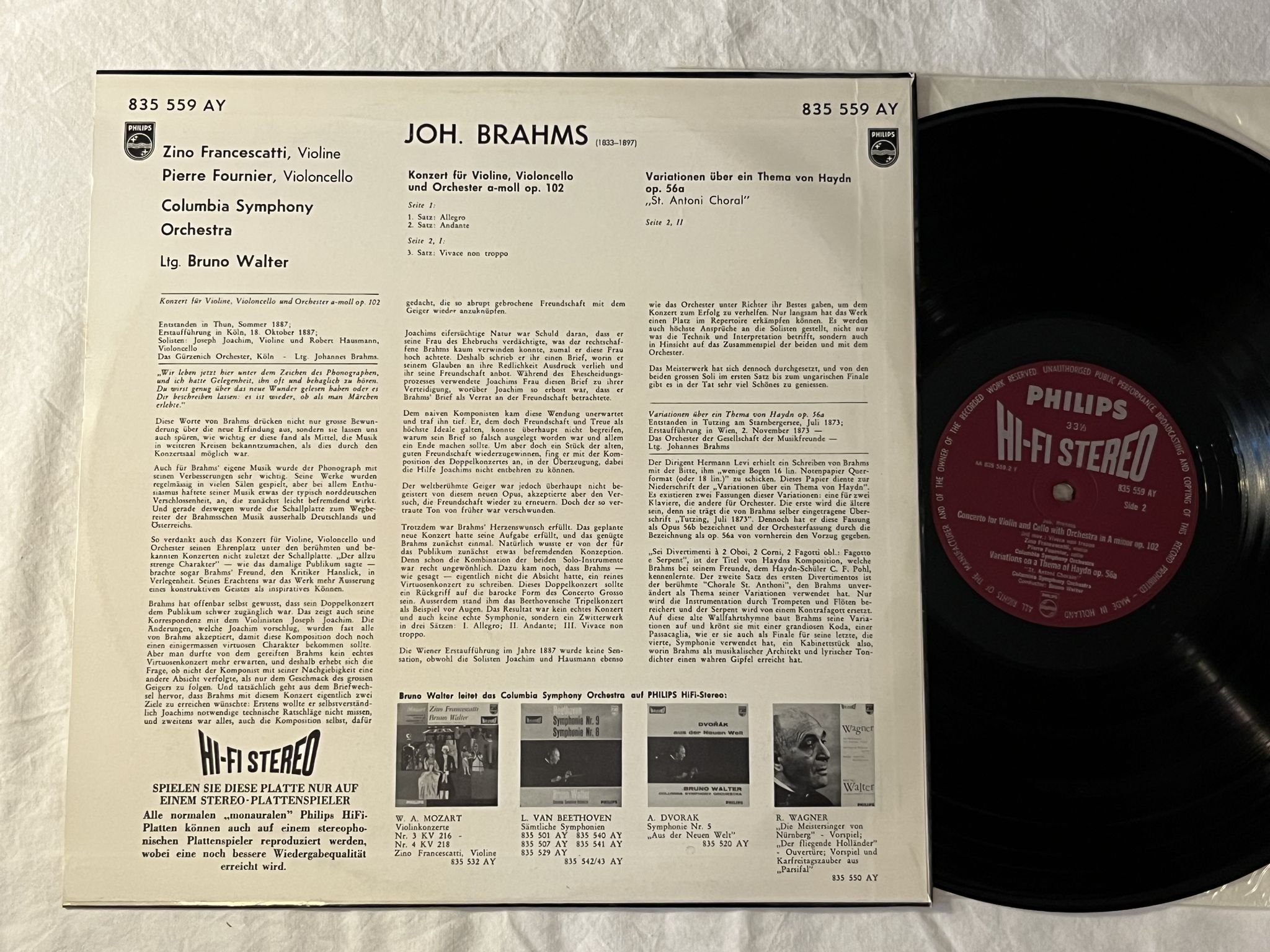 Omslagsbild för skivan BRUNO WALTER Brahms: doppelkonzert LP -60 Hol PHILIPS 835 559 AY HiFi Stereo