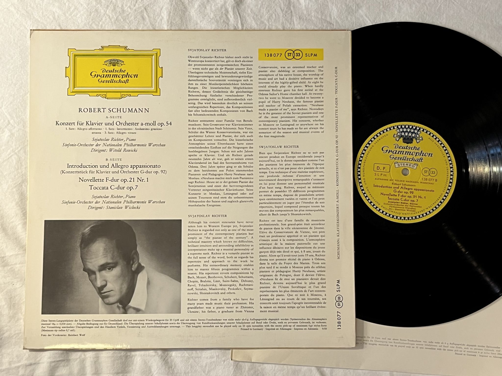 Omslagsbild för skivan SVJATOSLAV RICHTER Schumann: konzert für klavier LP -59 Ger DGG 138 077 SLPM