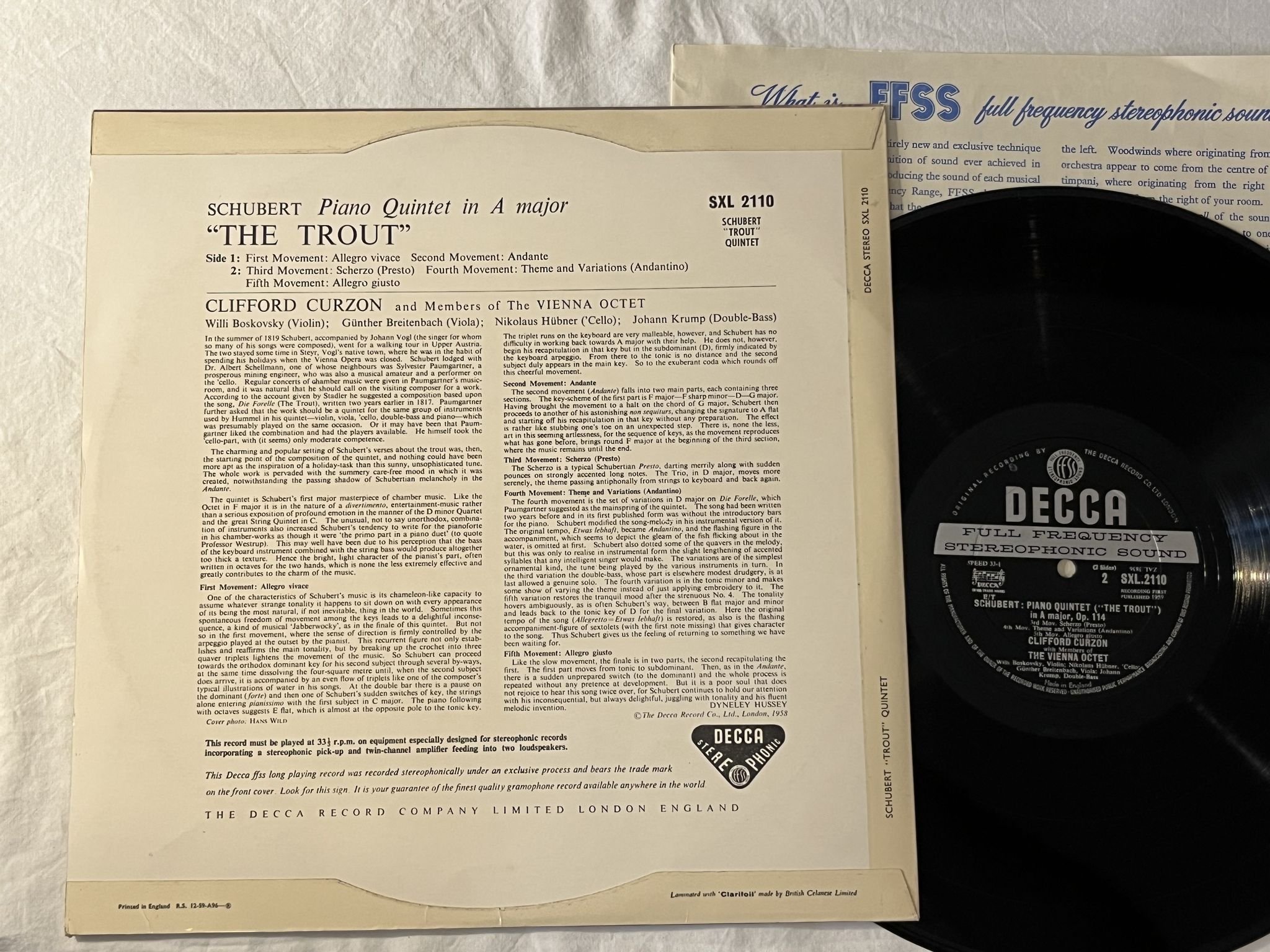 Omslagsbild för skivan CLIFFORD CURZON & THE VIENNA OCTET Schubert: the trout LP -59 UK DECCA SXL 2110