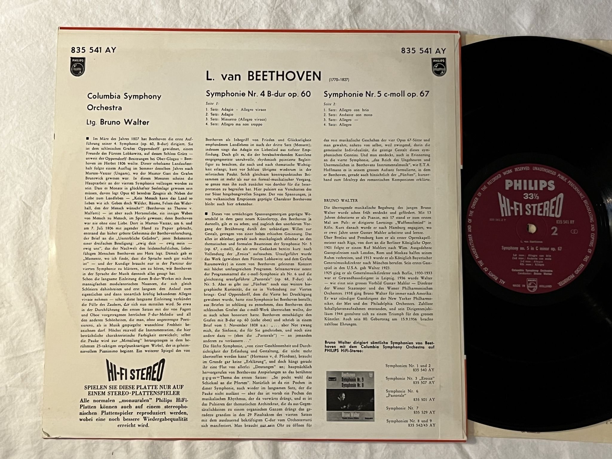 Omslagsbild för skivan BRUNO WALTER Beethoven: Symphonie Nr. 4 & 5 LP -59 Hol PHILIPS 835 541 AY stereo