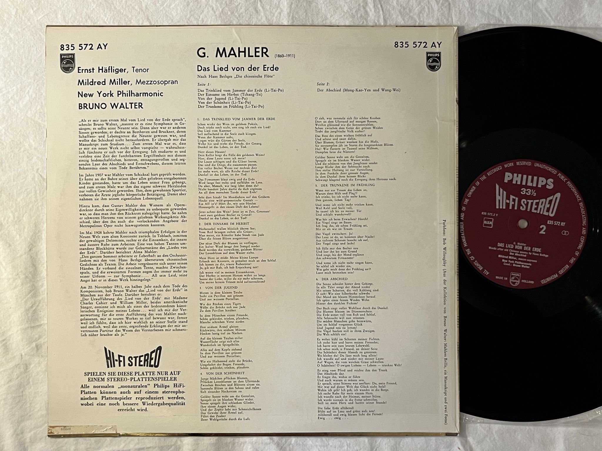 Omslagsbild för skivan BRUNO WALTER Mahler: Das Lied Von Der Erde LP -60 Hol PHILIPS 835572 AY HiFi