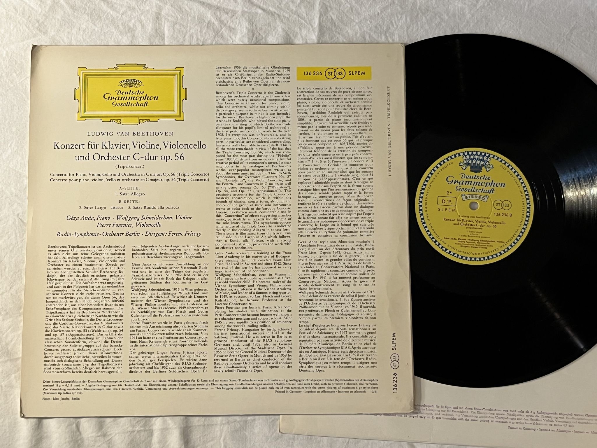 Omslagsbild för skivan PIERRE FOURNIER Beethoven: triple concerto LP -61 Ger DGG 136236 SLPEM