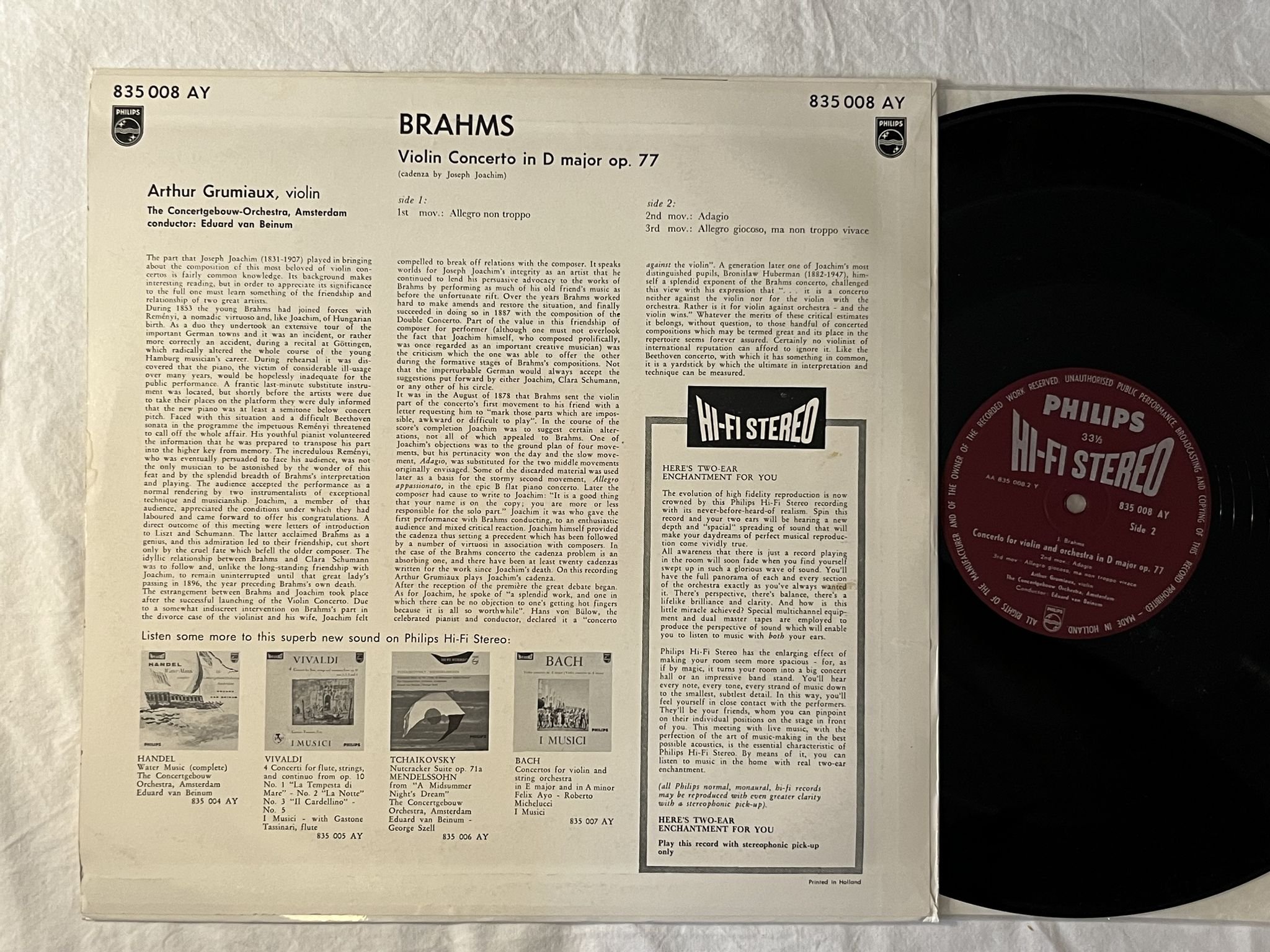 Omslagsbild för skivan GRUMIAUX Brahms: violin concerto LP -59 Hol PHILIPS 835008 AY HiFi Stereo