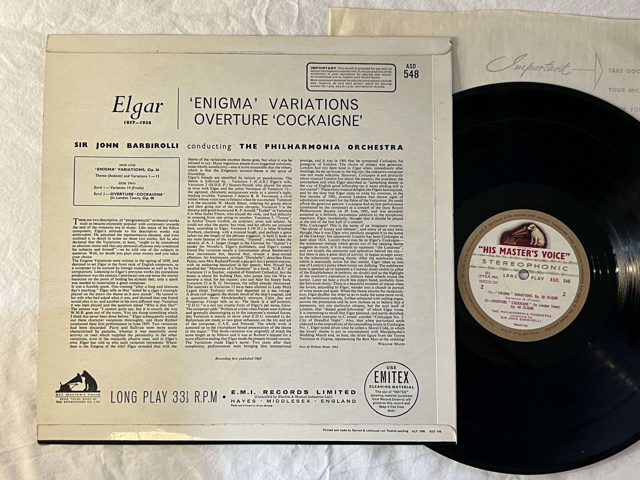Omslagsbild för skivan BARBIROLLI Elgar: enigma variations LP -63 UK HMV ASD 548 G/C LABELS