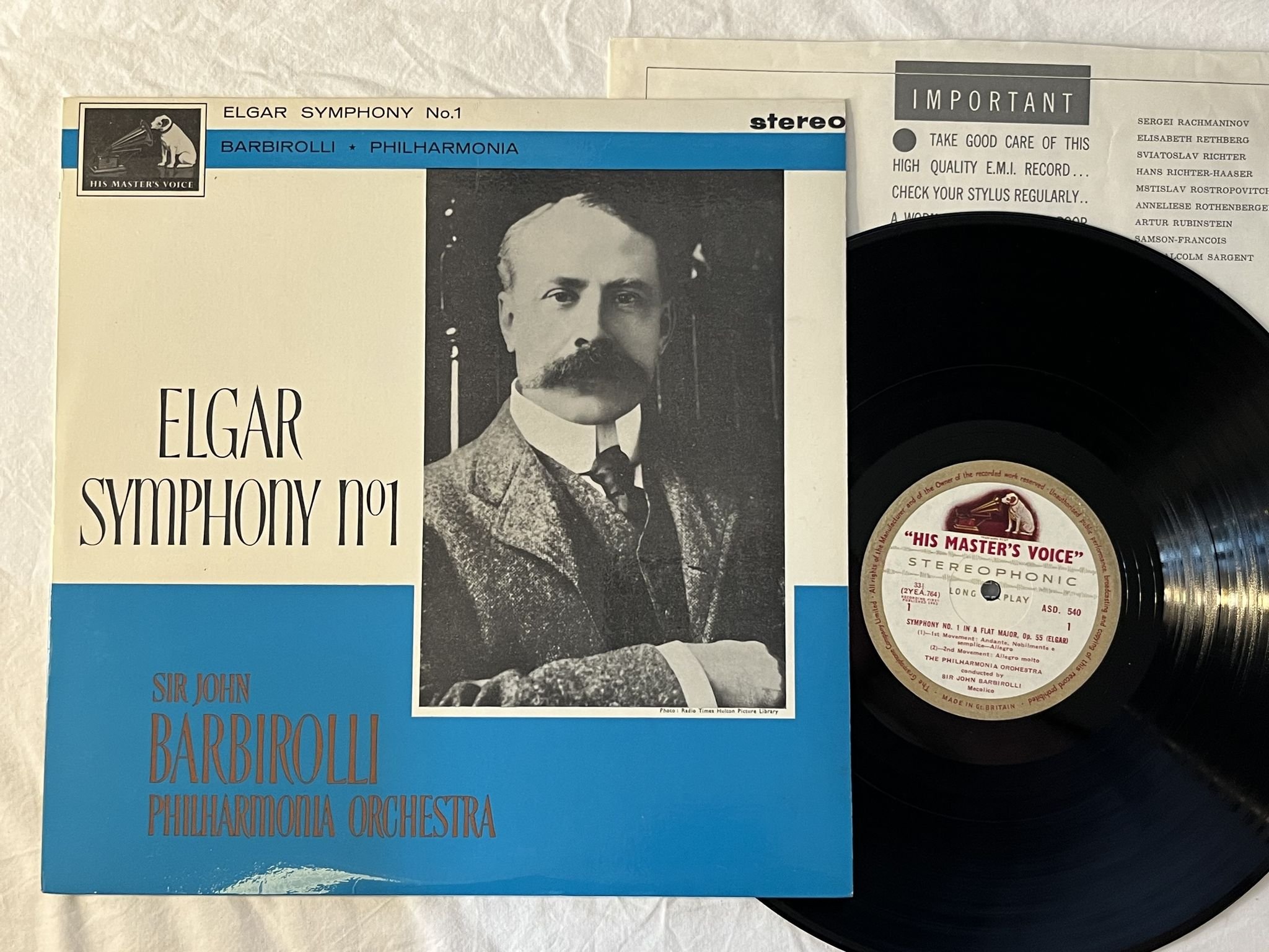 Omslagsbild för skivan BARBIROLLI Elgar: Symphony No 1 LP -63 UK HMV ASD 540 G/C LABELS