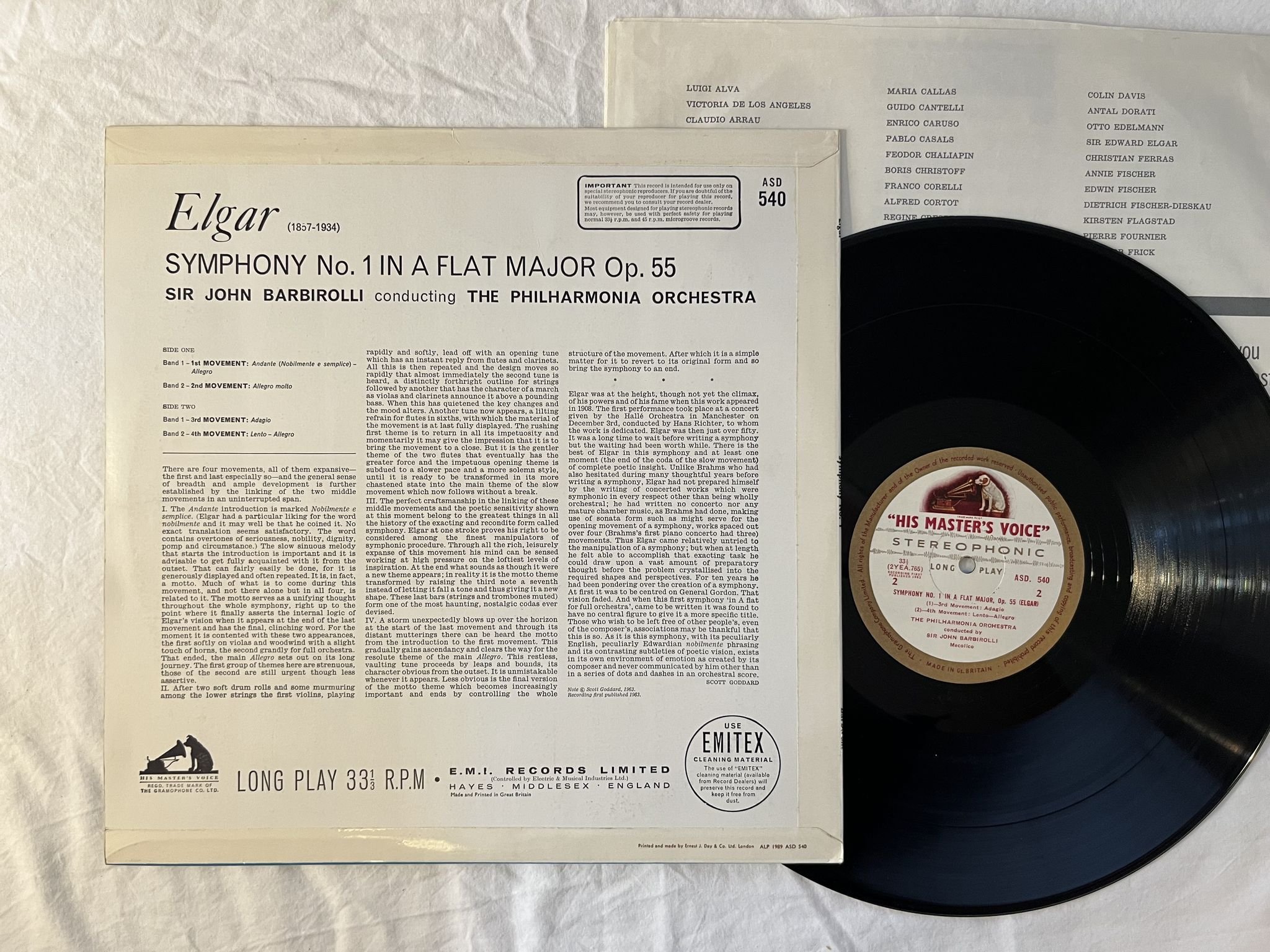 Omslagsbild för skivan BARBIROLLI Elgar: Symphony No 1 LP -63 UK HMV ASD 540 G/C LABELS