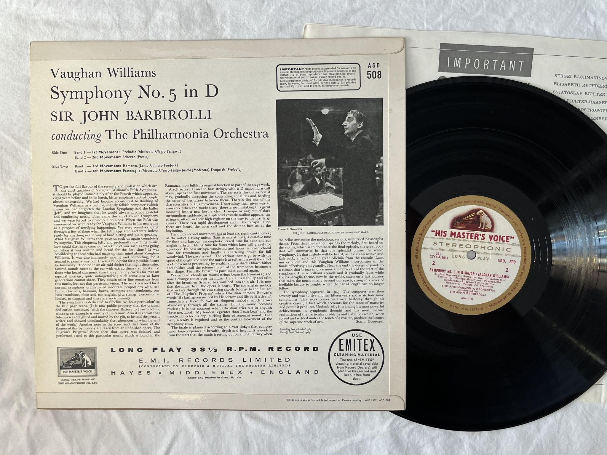 Omslagsbild för skivan BARBIOLLI williams: Symphony No 5 in D LP -63 UK HMV ASD 508 G/C LABELS