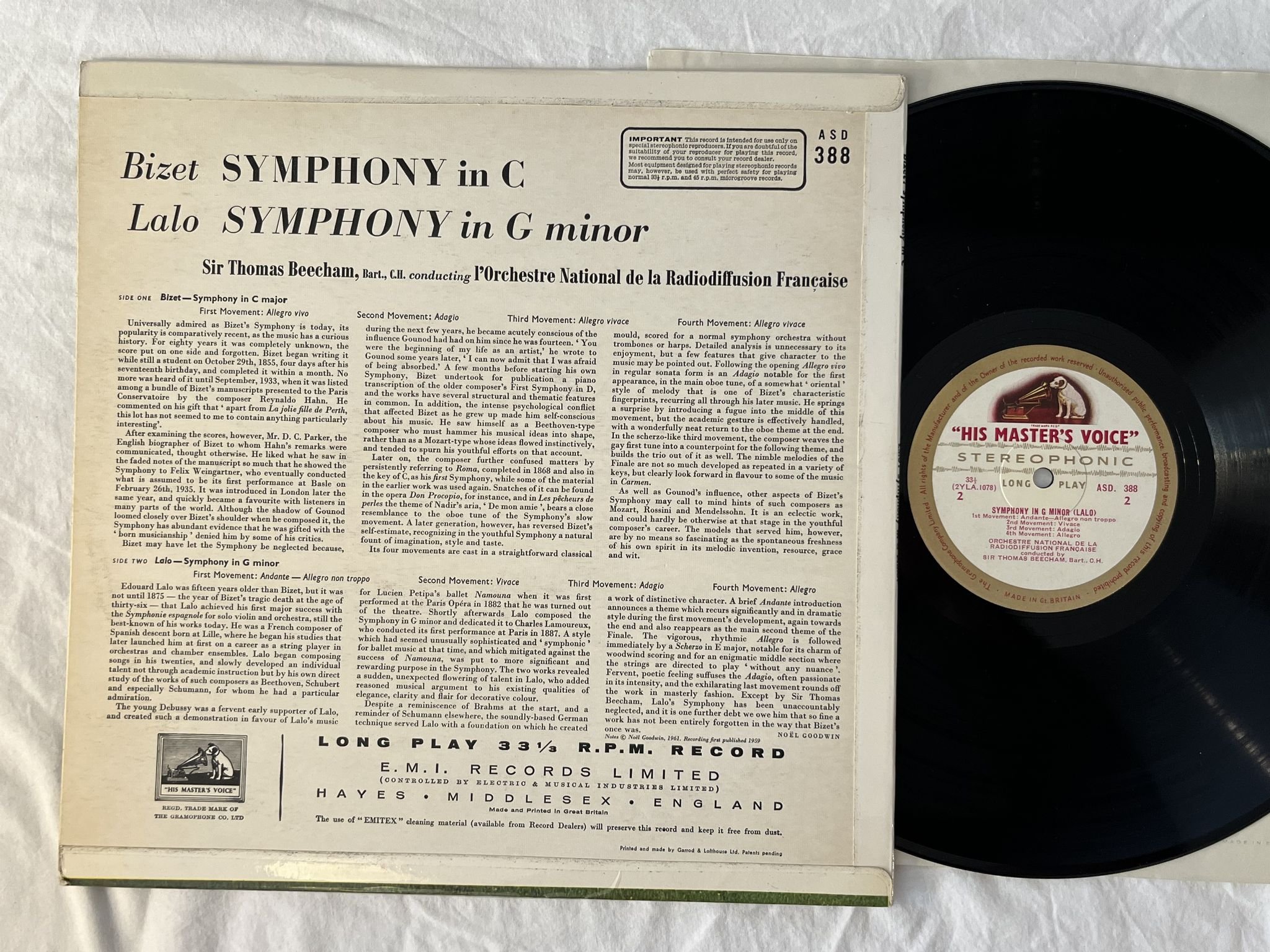 Omslagsbild för skivan BEECHAM Bizet: Symphony in C LP -59 UK HMV ASD 388 G/C LABELS