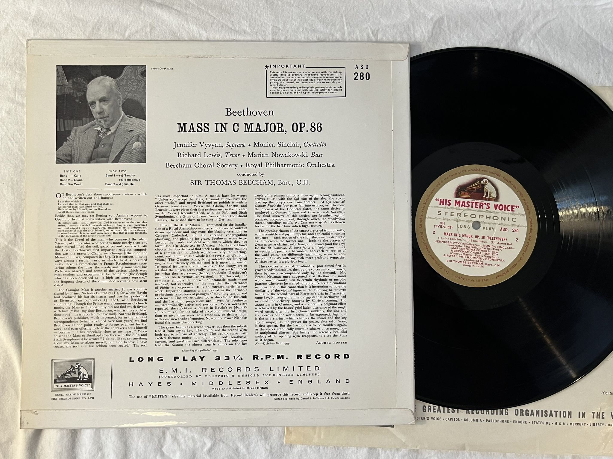 Omslagsbild för skivan BEECHAM Beethoven: mass in C-major, op 86 LP -59 UK HMV ASD 280 G/C LABELS