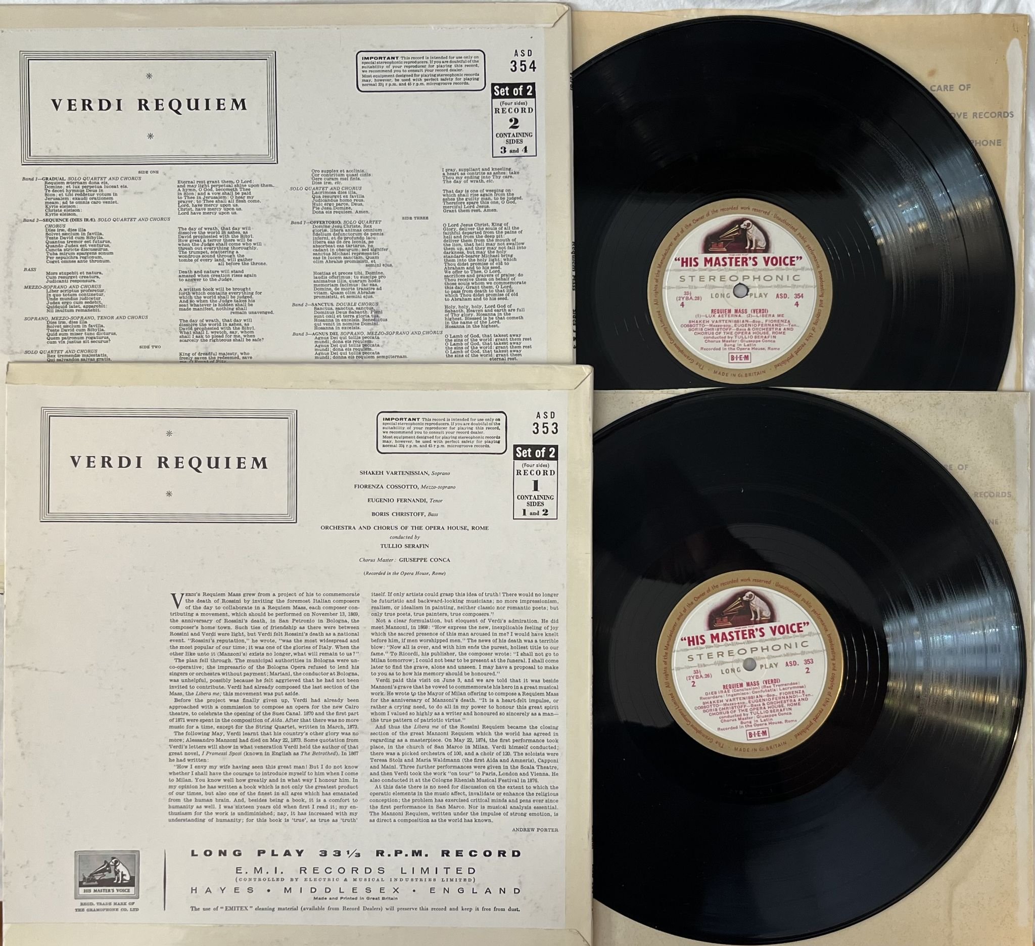 Omslagsbild för skivan SERAFIN Verdi requiem mass 2xLP -60 UK HMV ASD 353/4 G/C LABELS