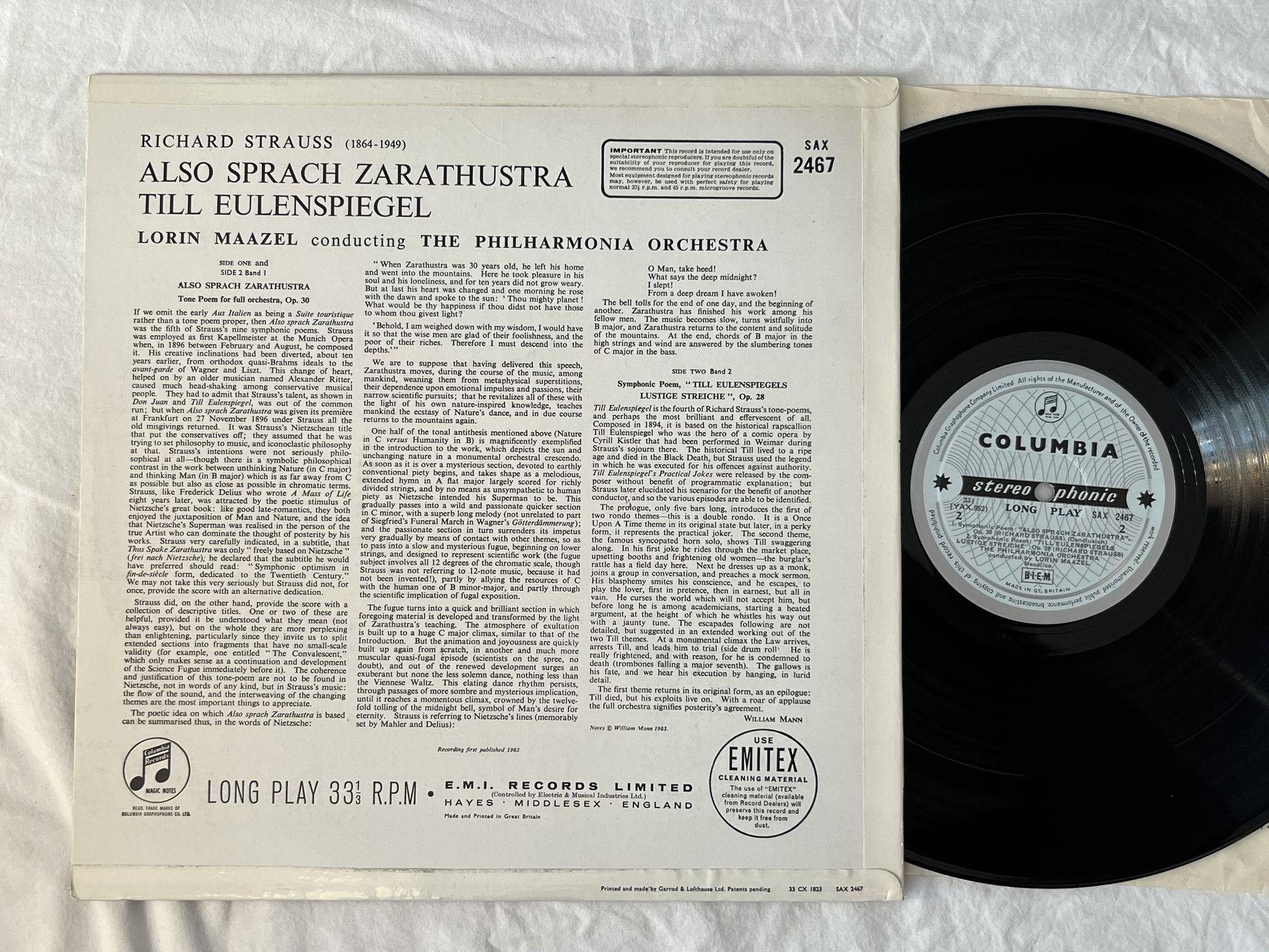 Omslagsbild för skivan MAAZEL Strauss: also spracht Zarathustra LP -63 UK HMV SAX 2467 B/S LABELS