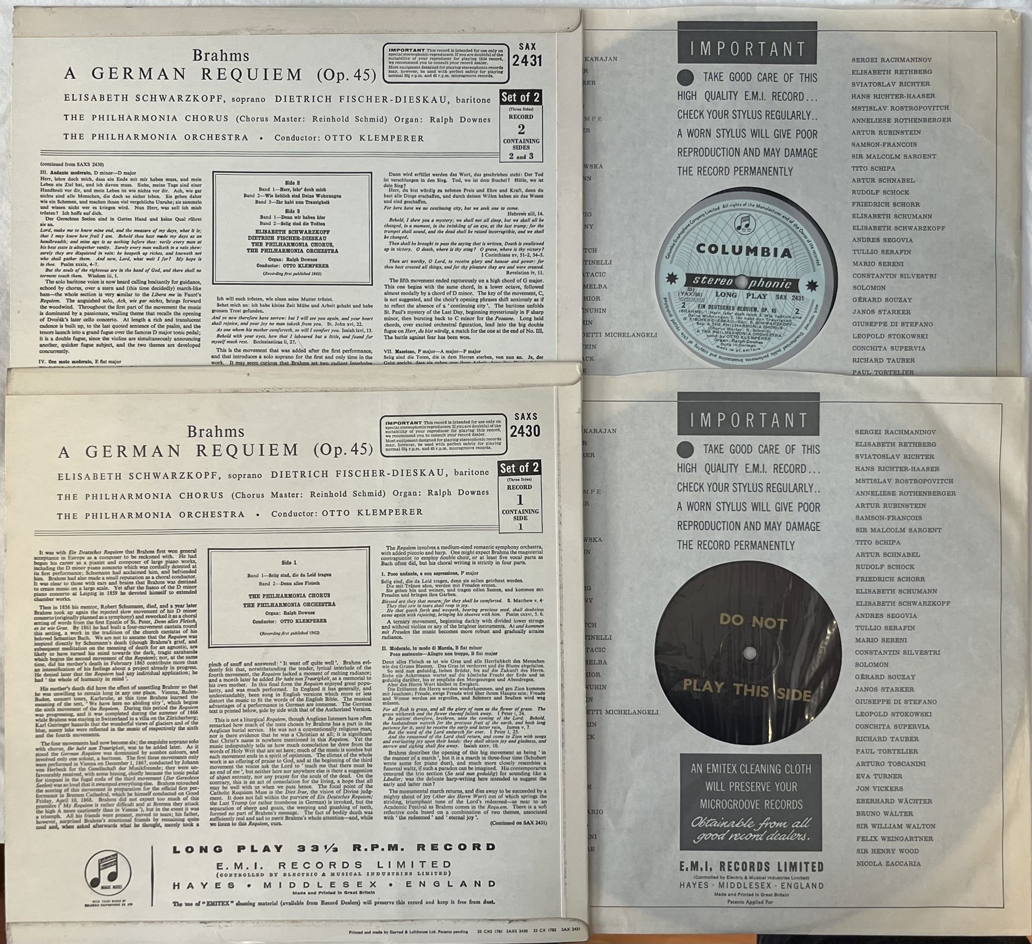 Omslagsbild för skivan KLEMPERER Brahms: a german requiem 2xLP -60 UK COLUMBIA SAXS 2430/31 B/S LABELS