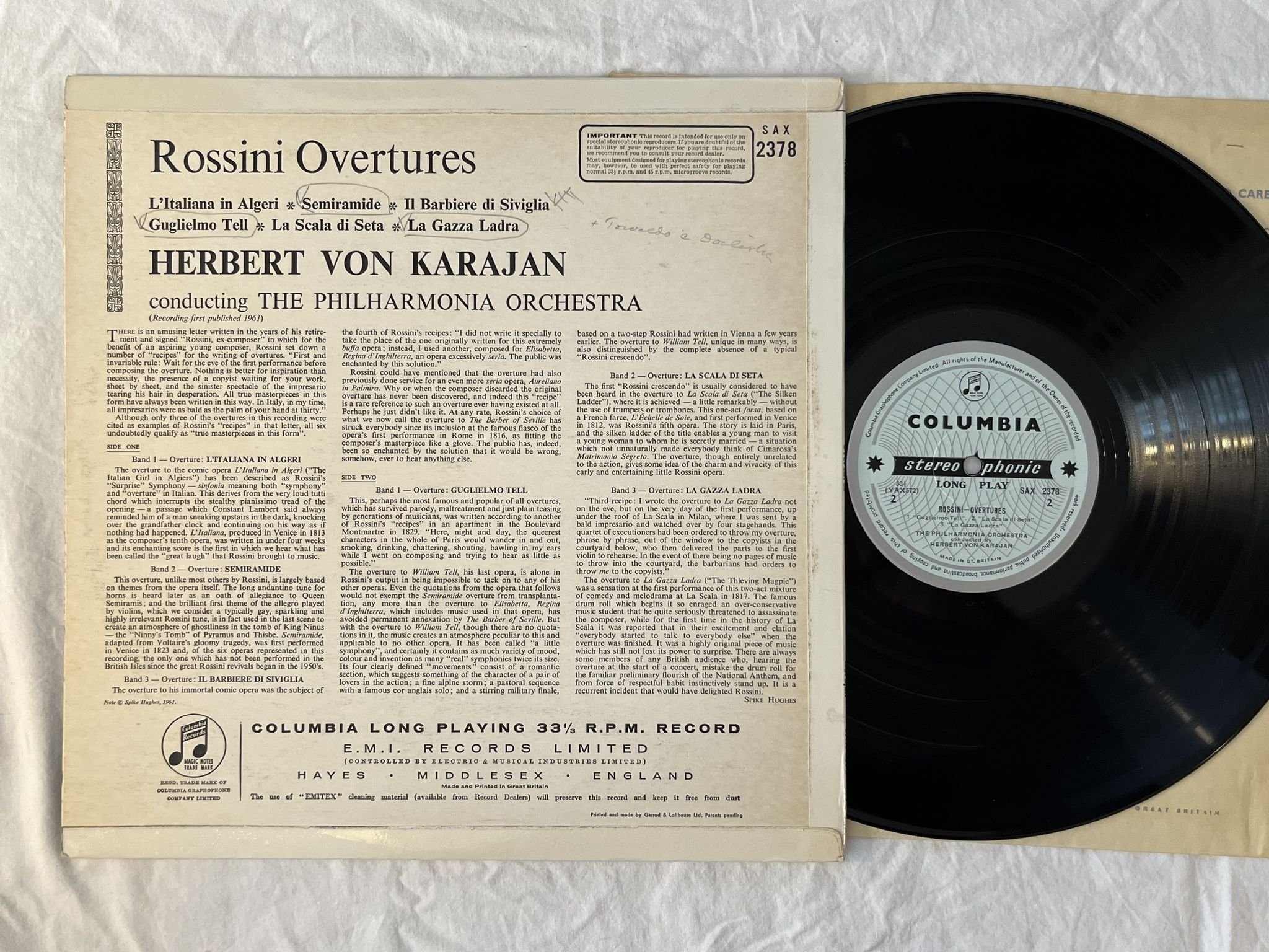 Omslagsbild för skivan KARAJAN Rossini: overtures LP -61 UK COLUMBIA SAX 2378 B/S LABELS
