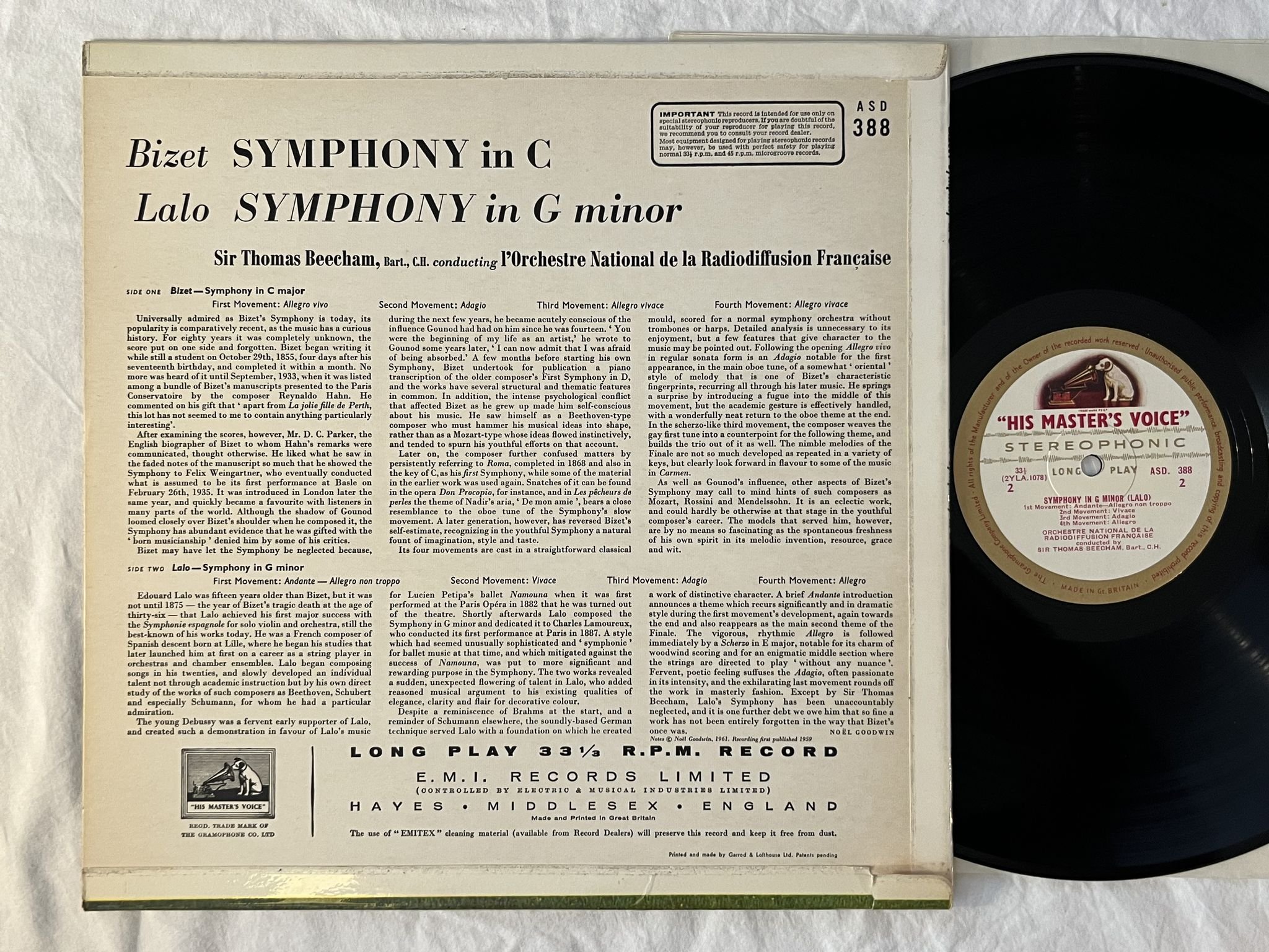 Omslagsbild för skivan BEECHAM Bizet: symphony in C etc. LP -61 UK HMV ASD 388 G/C LABELS