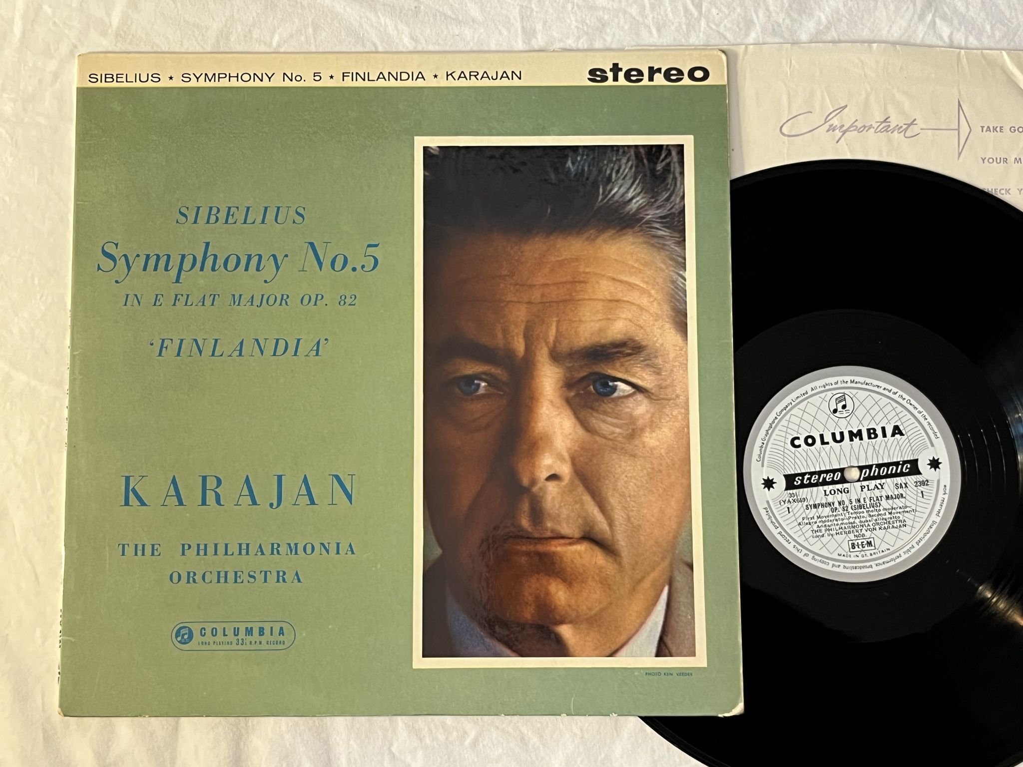 Omslagsbild för skivan VON KARAJAN Sibelius: symphony no 5 LP -61 UK COLUMBIA SAX 2392
