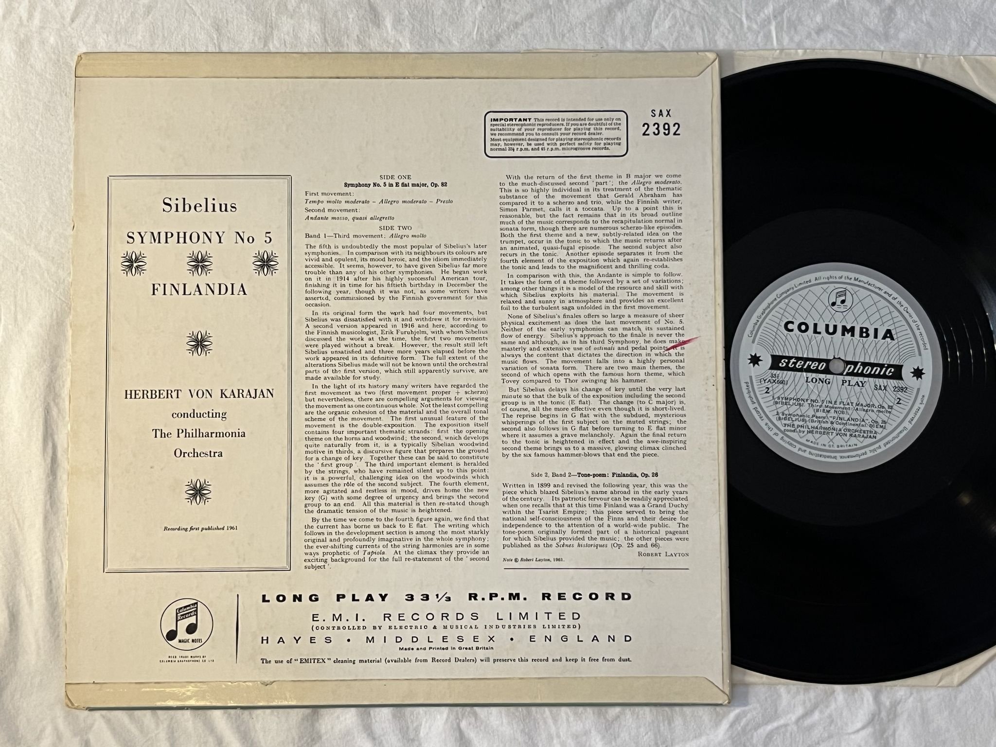 Omslagsbild för skivan VON KARAJAN Sibelius: symphony no 5 LP -61 UK COLUMBIA SAX 2392