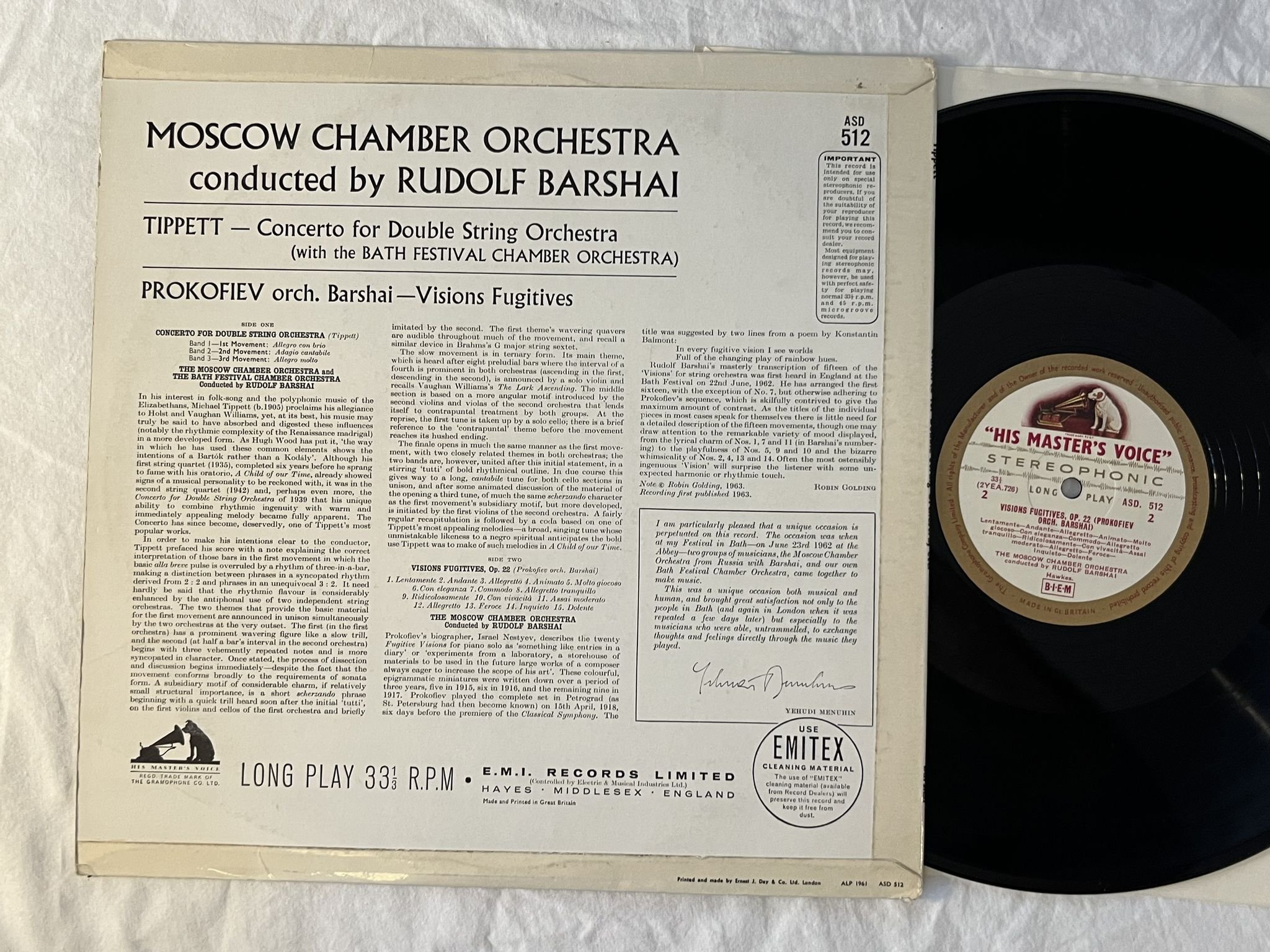 Omslagsbild för skivan Moscow Chamber Orchestra TIPPETT & PROKOFIEV LP -63 UK HMV ASD 512 G/C LABELS