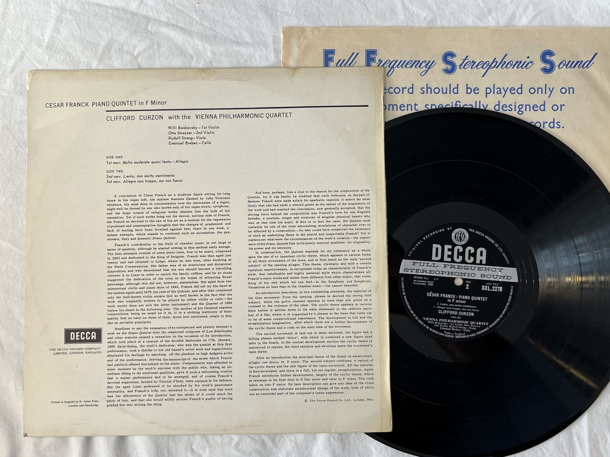 Omslagsbild för skivan CLIFFORD CURZON / VPQ Franck: piano quintet LP -60 UK DECCA SXL 2278