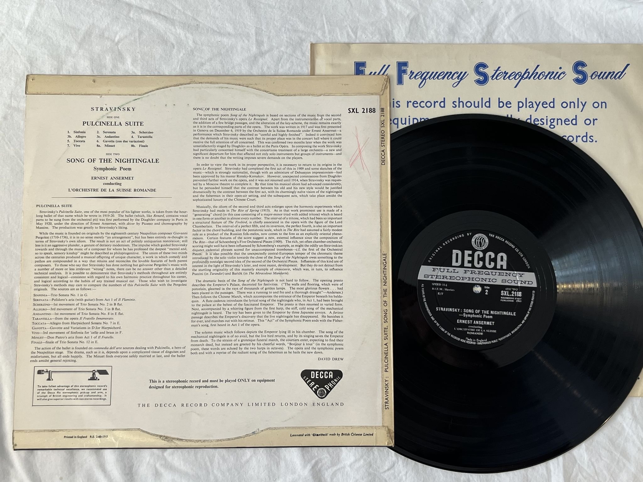Omslagsbild för skivan ANSERMET Stravinsky: song of the nightingale LP -60 UK DECCA SXL 2188