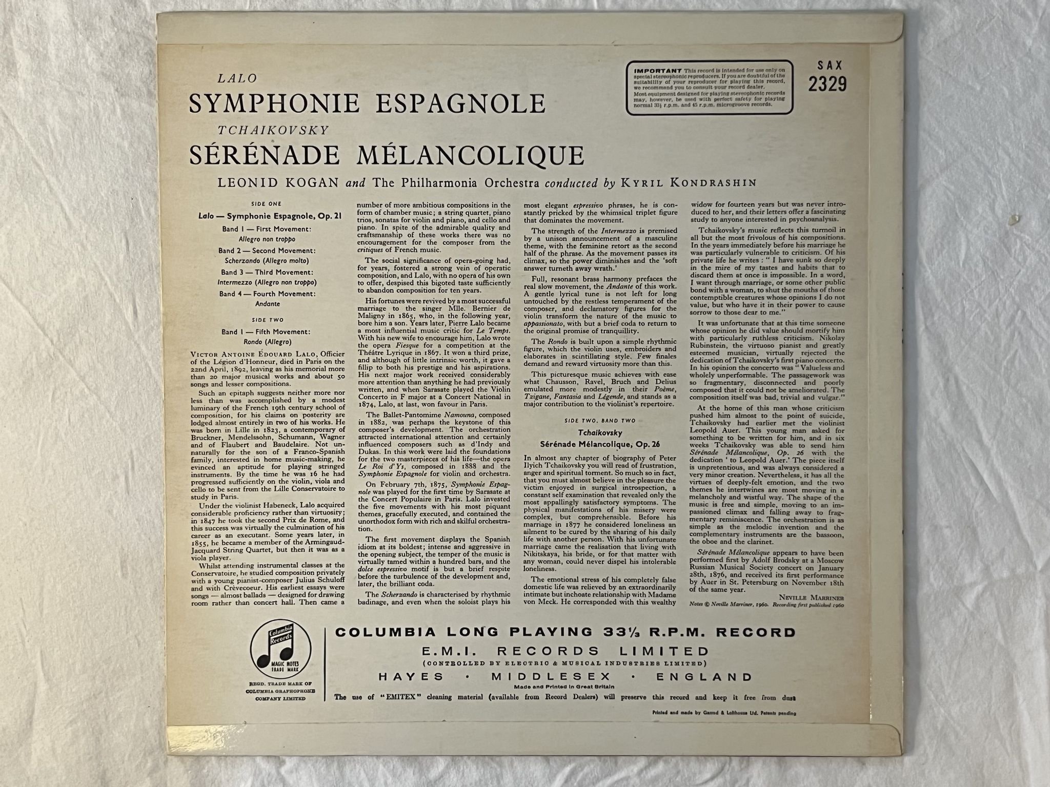 Omslagsbild för skivan LEONID KOGAN Lalo: symphonie espagnole LP -60 UK COLUMBIA SAX 2329 * Mega Rare *