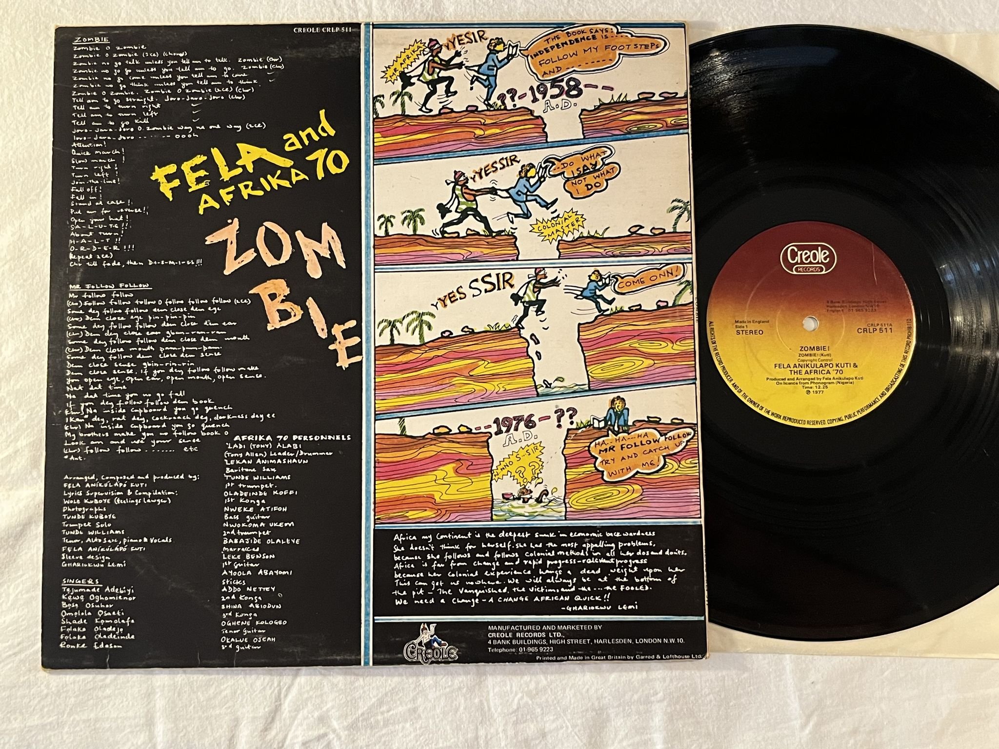 Omslagsbild för skivan FELA ANIKULAPO KUTI & THE AFRICA 70 zombie! LP -77 UK CREOLE CRLP 511 * AFROFUNK