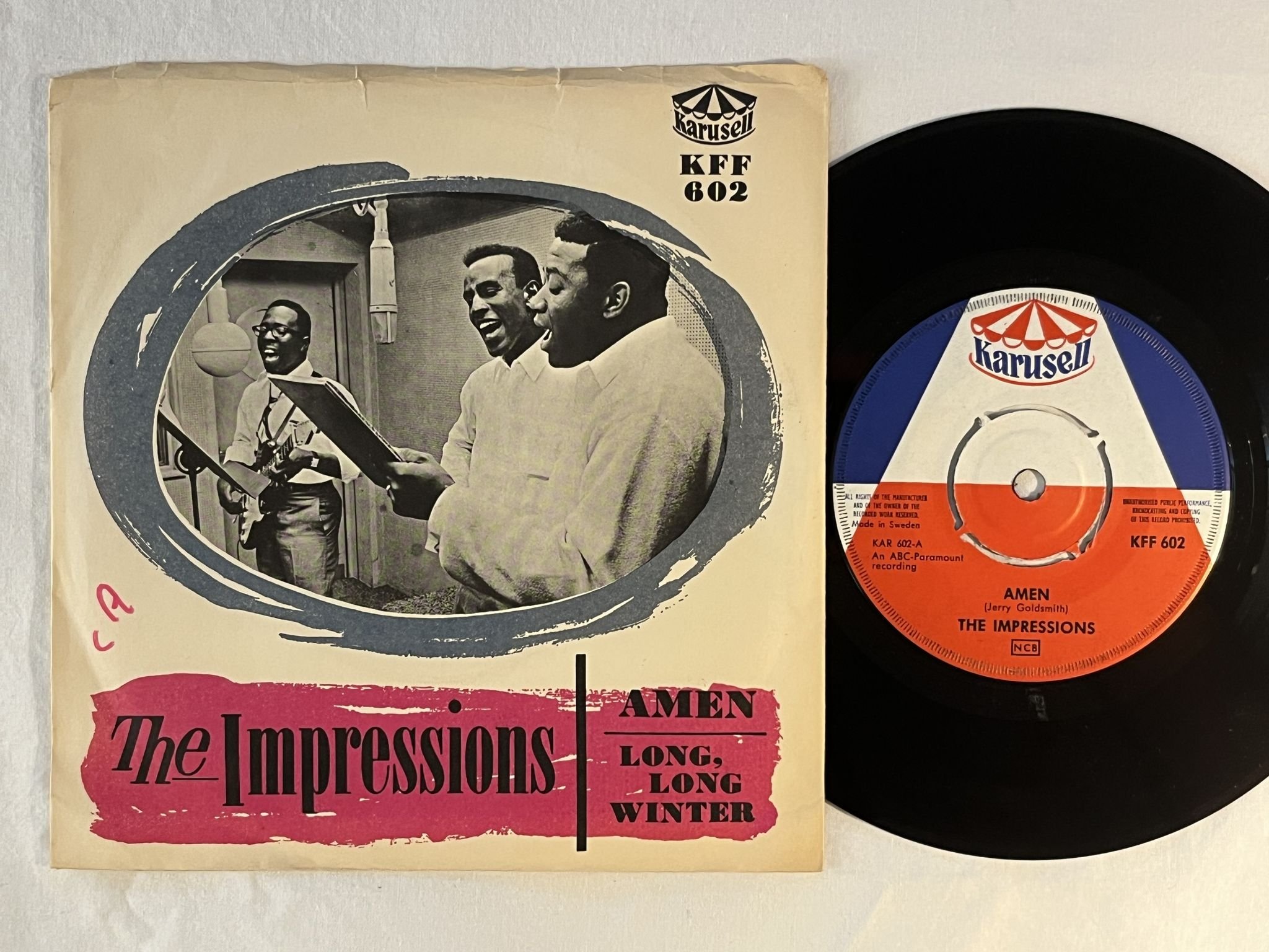 Omslagsbild för skivan THE IMPRESSIONS amen / long long winter 7" -64 Swe KARUSELL KFF602
