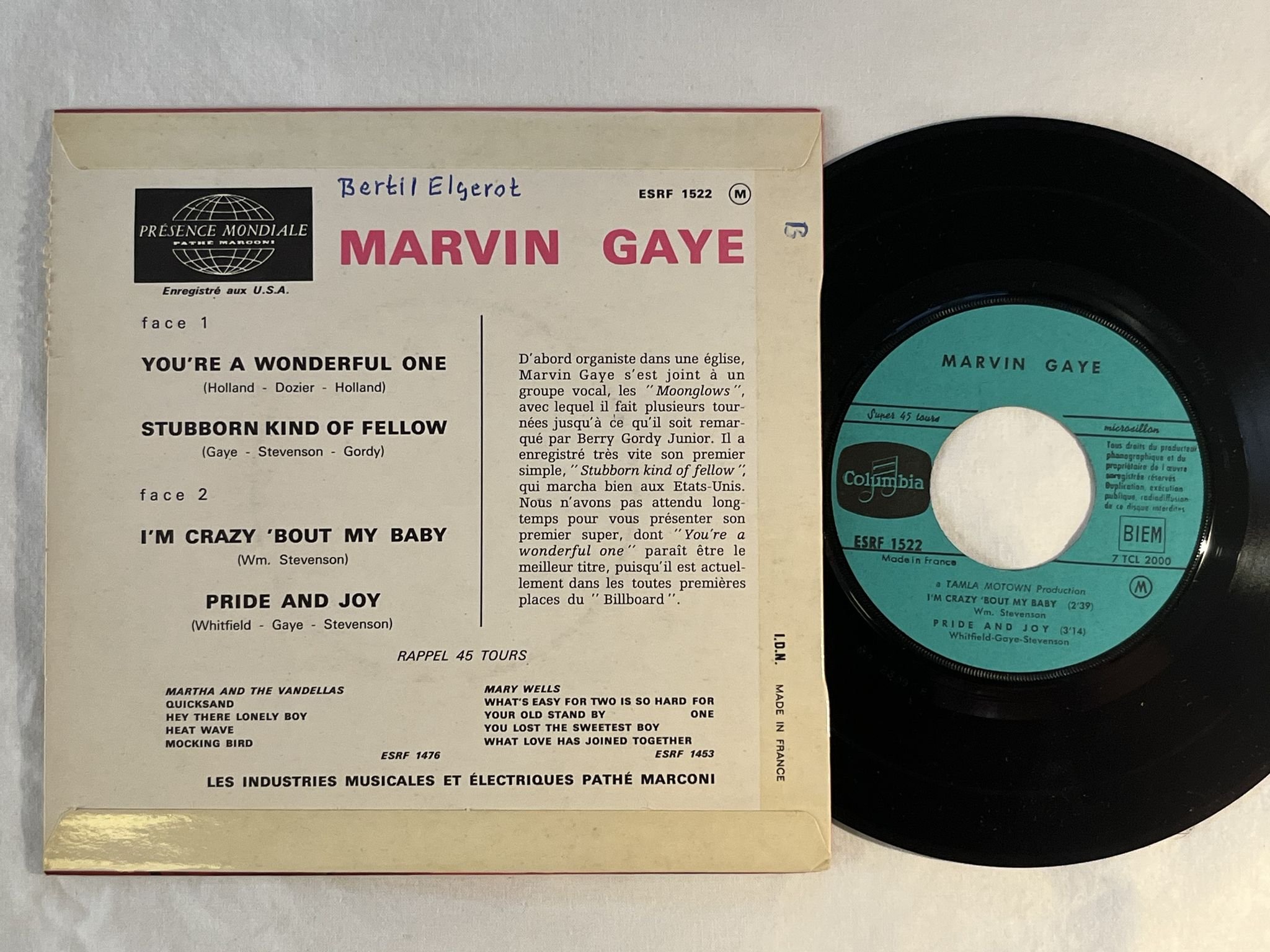 Omslagsbild för skivan MARVIN GAYE you're a wonderful one 7" -64 France COLUMBIA ESRF 1522 * VERY RARE