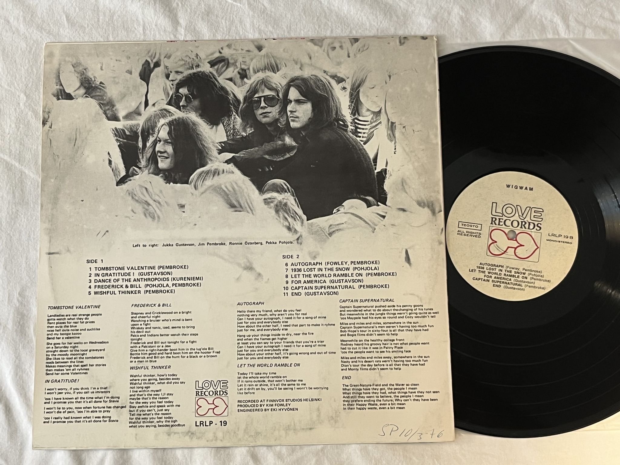 Omslagsbild för skivan WIGWAM tombstone valentine LP -71 Finland LOVE LRLP 19 *** BLACK TEXT ***