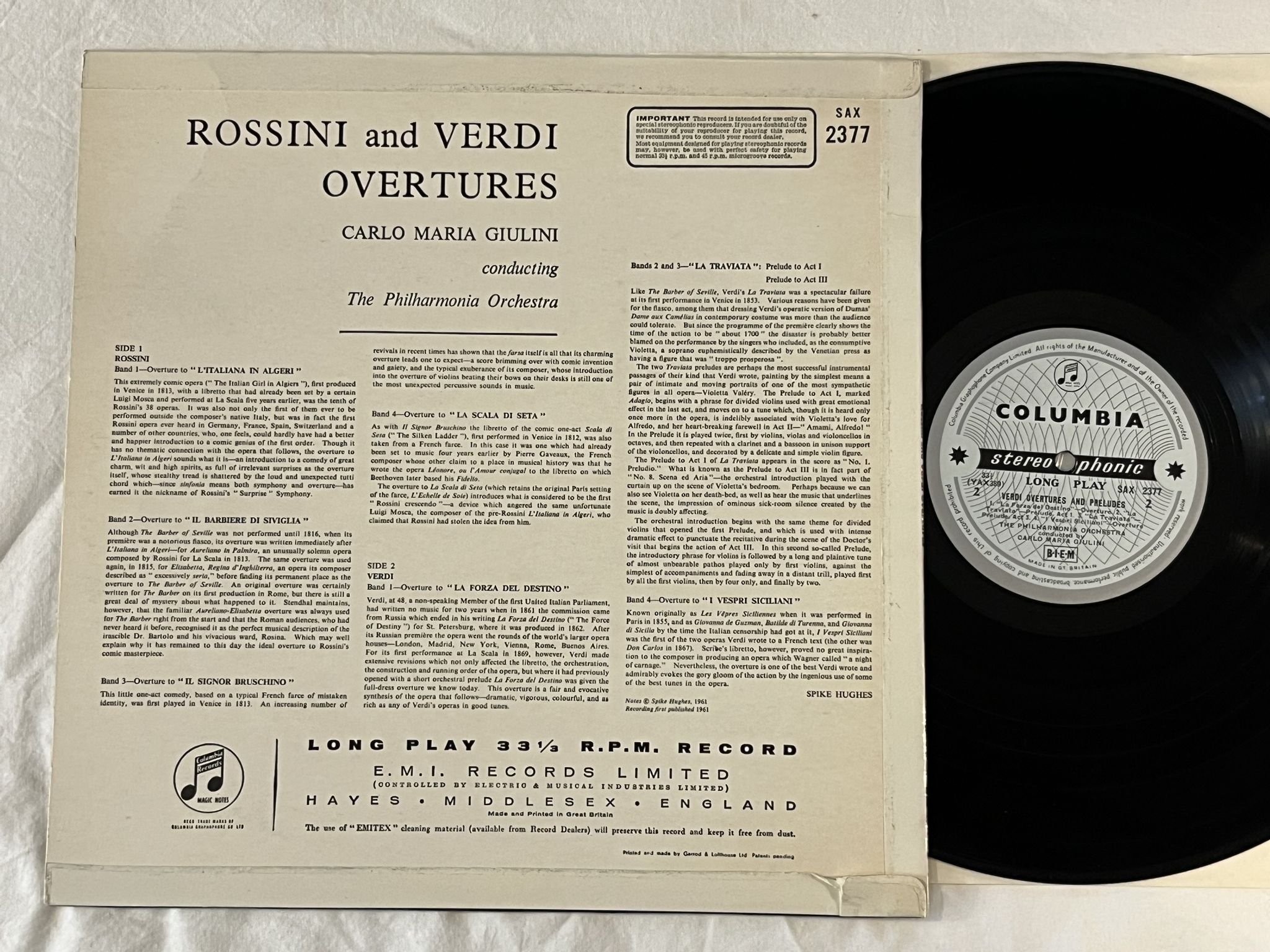 Omslagsbild för skivan GIULINI Rossini And Verdi Overtures LP -61 UK COLUMBIA SAX 2377