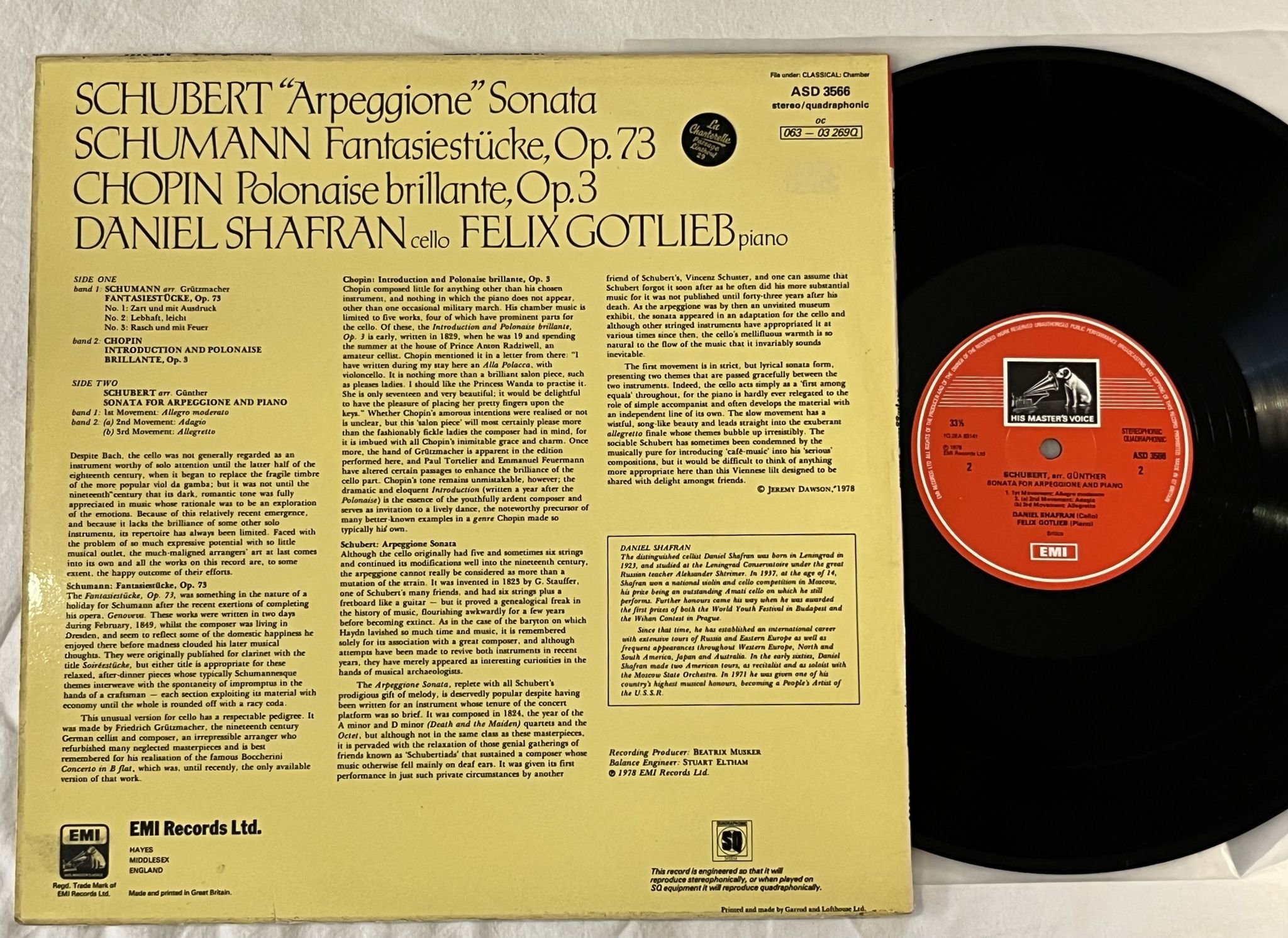 Omslagsbild för skivan DANIEL SHAFRAN Schubert: Schumann: Chopin: LP -78 UK HMV ASD 3566 **Very Rare **