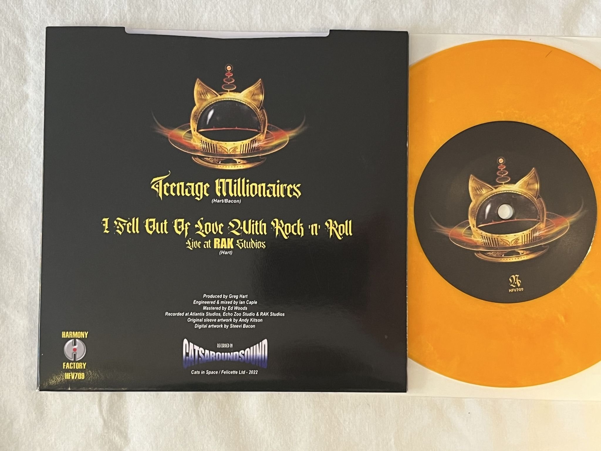 Omslagsbild för skivan CATS IN SPACE Teenage Millionaires 7" 2022 HARMONY FACTORY HFV709 ** Signed **