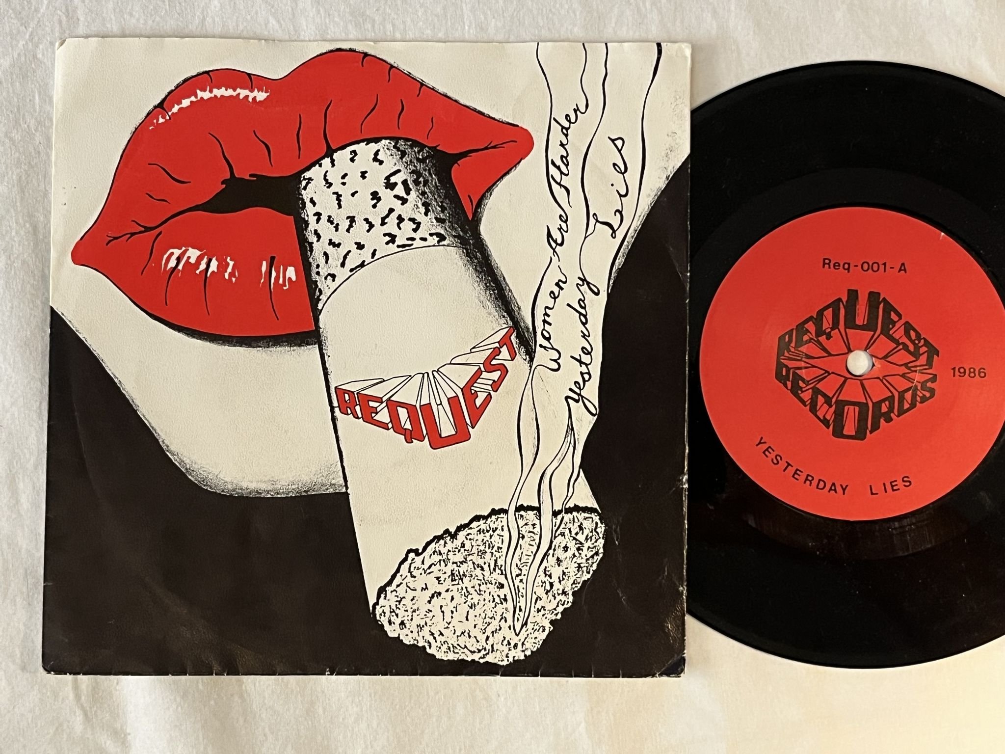 Omslagsbild för skivan REQUEST Yesterday Lies 7" -86 private press REQ-001 ** AOR **