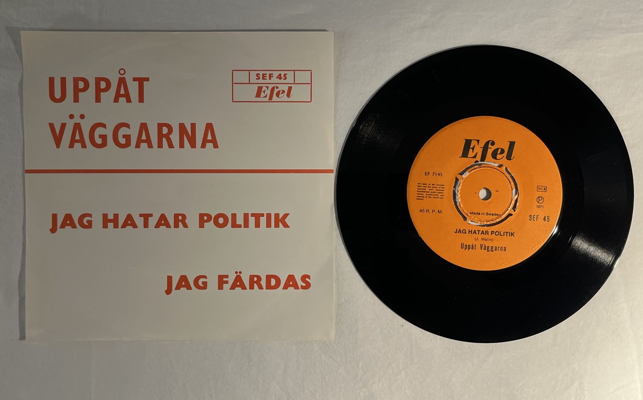 Omslagsbild för skivan UPPÅT VÄGGARNA jag hatar politik 7" -71 Swe EFEL SEF 45 * MEGA RARE PROG ROCK *
