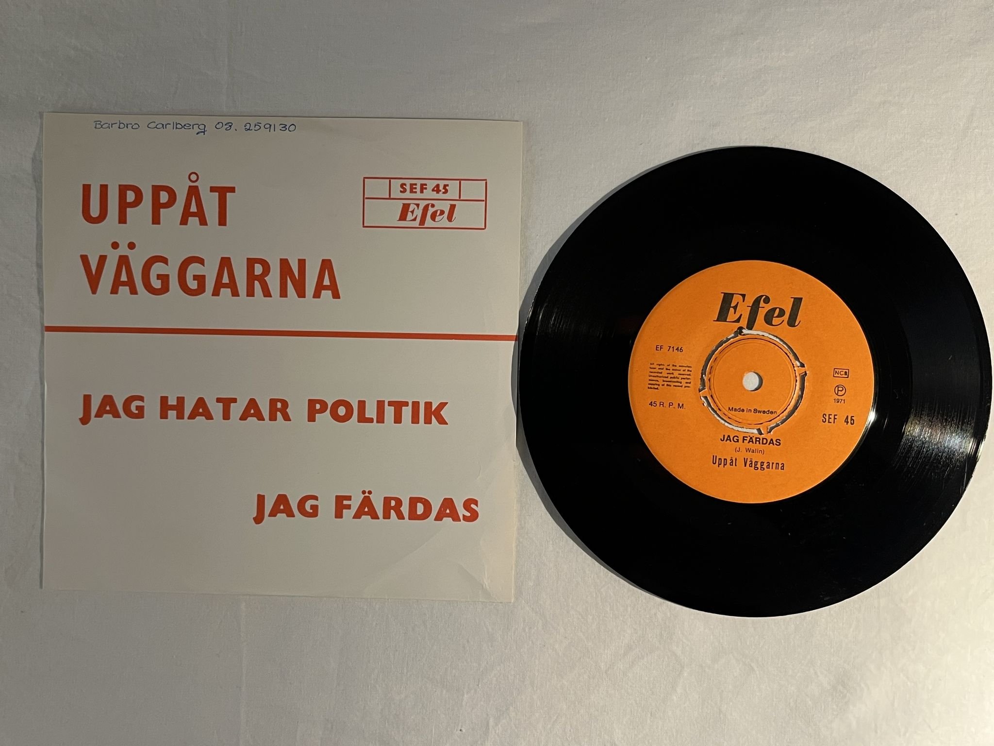 Omslagsbild för skivan UPPÅT VÄGGARNA jag hatar politik 7" -71 Swe EFEL SEF 45 * MEGA RARE PROG ROCK *