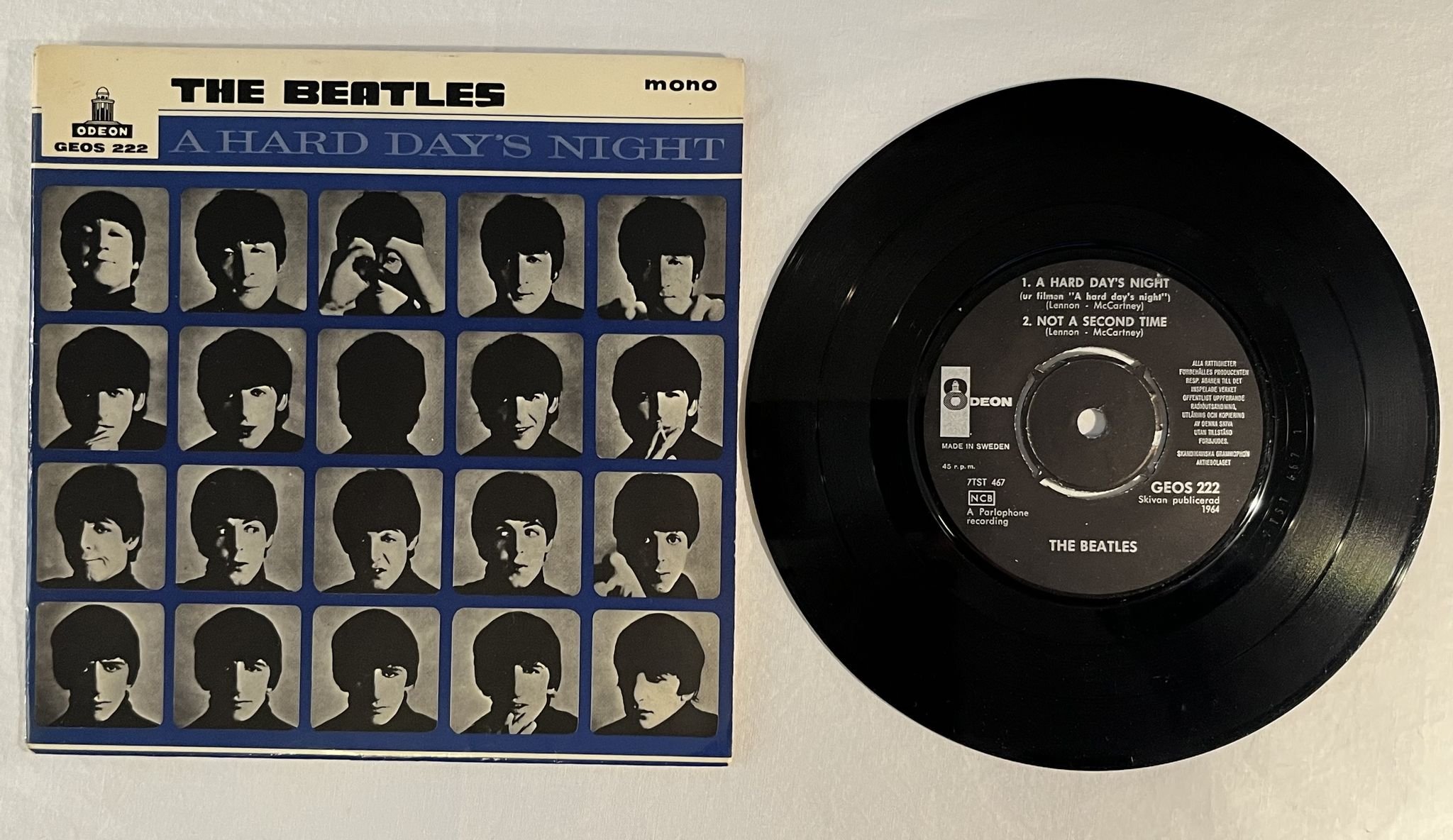 Omslagsbild för skivan THE BEATLES a hard day's night 7"ep Swe ODEON GEOS 222