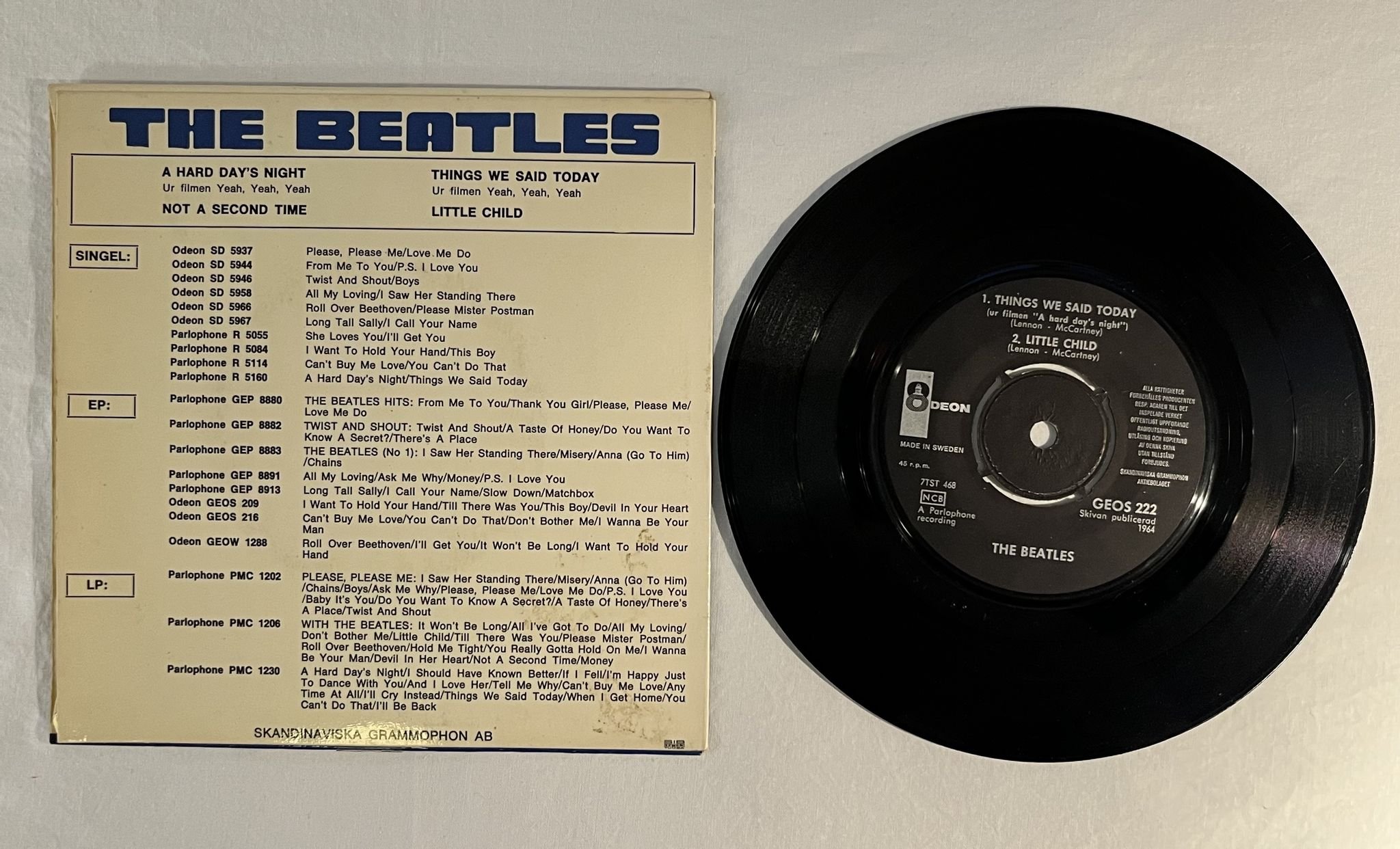 Omslagsbild för skivan THE BEATLES a hard day's night 7"ep Swe ODEON GEOS 222