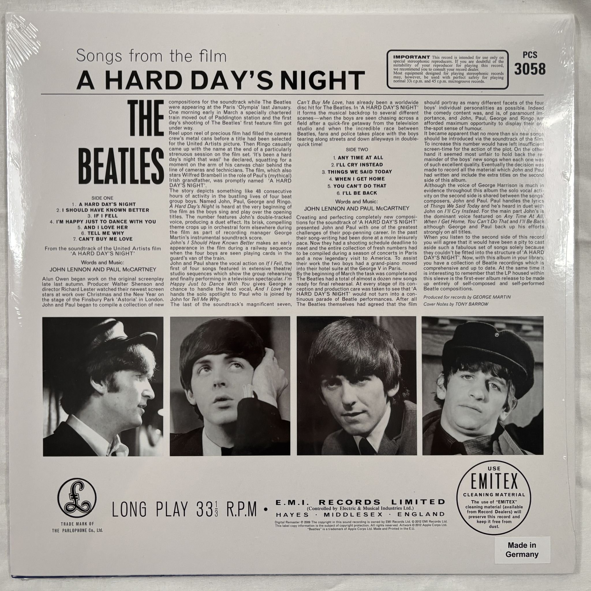 Omslagsbild för skivan THE BEATLES A Hard Day´s Night LP- 2012 Parlophone – PCS 3058