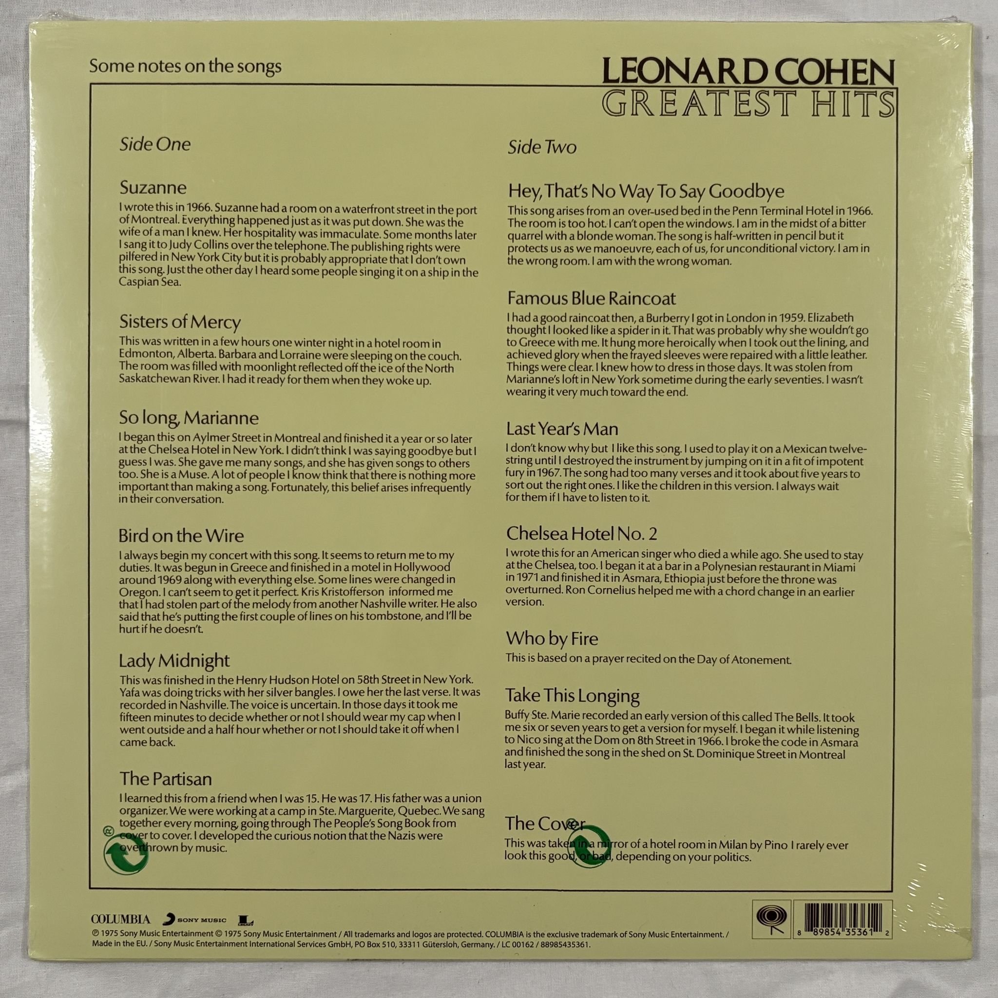 Omslagsbild för skivan Leonard Cohen – Greatest Hits LP Columbia – 88985435361