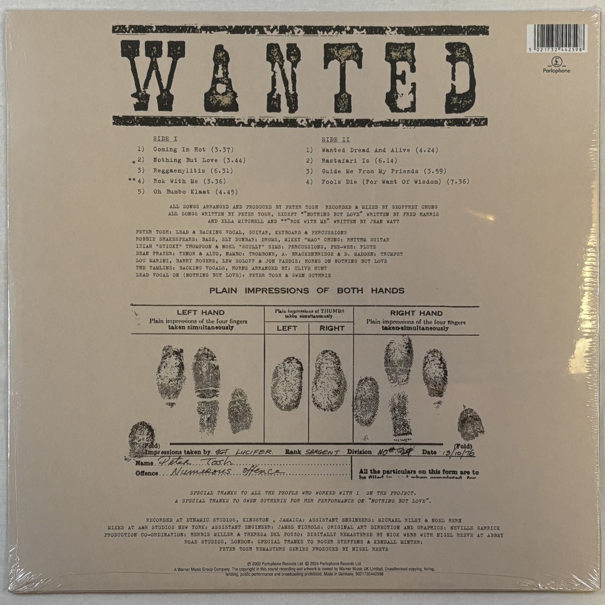 Omslagsbild för skivan PETER TOSH Wanted Dread & Alive LP- 2024 Parlophone – 5021732442598
