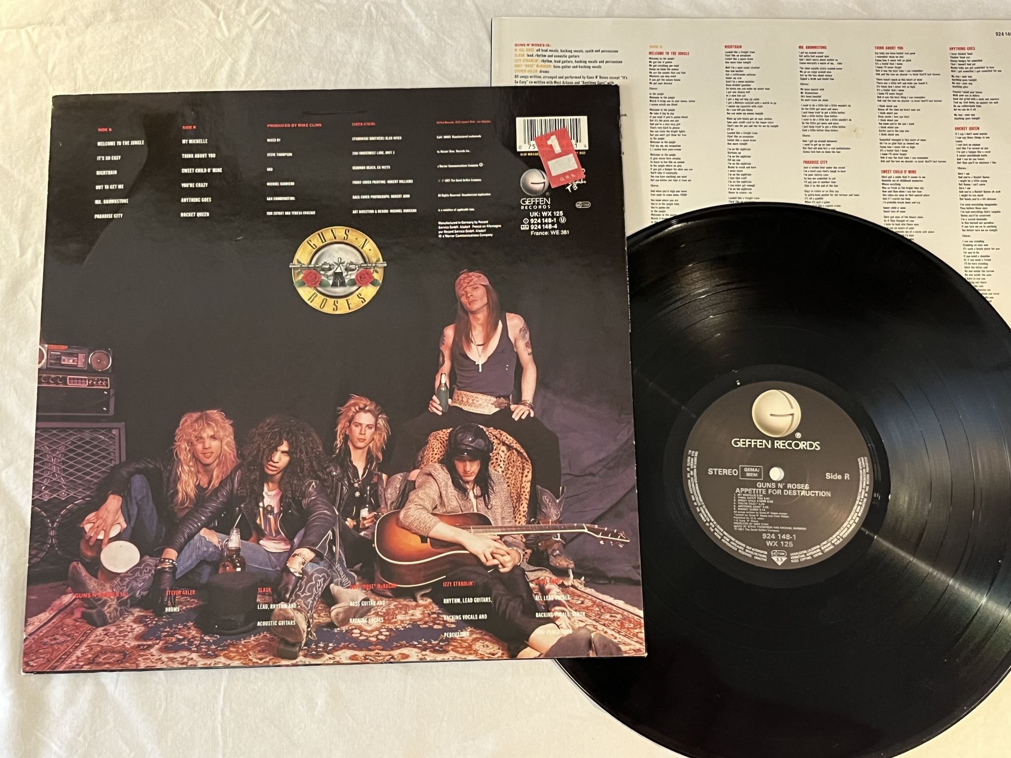 Omslagsbild för skivan GUNS N ROSES appetite for destruction LP -87 Ger GEFFEN 924 148-1 ** CLASSIC **