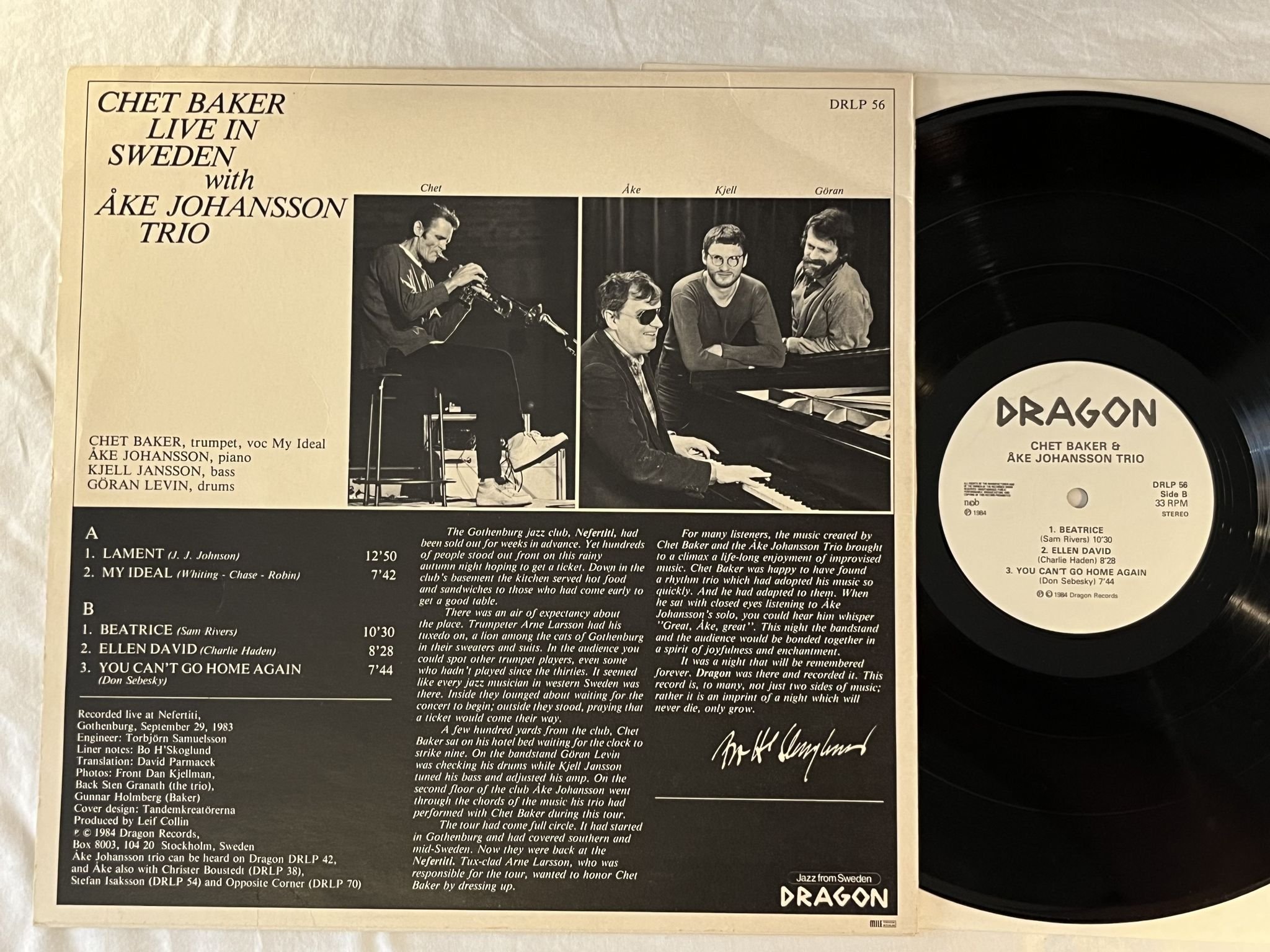 Omslagsbild för skivan CHET BAKER live in Sweden LP -84 Swe DRAGON DRLP 56