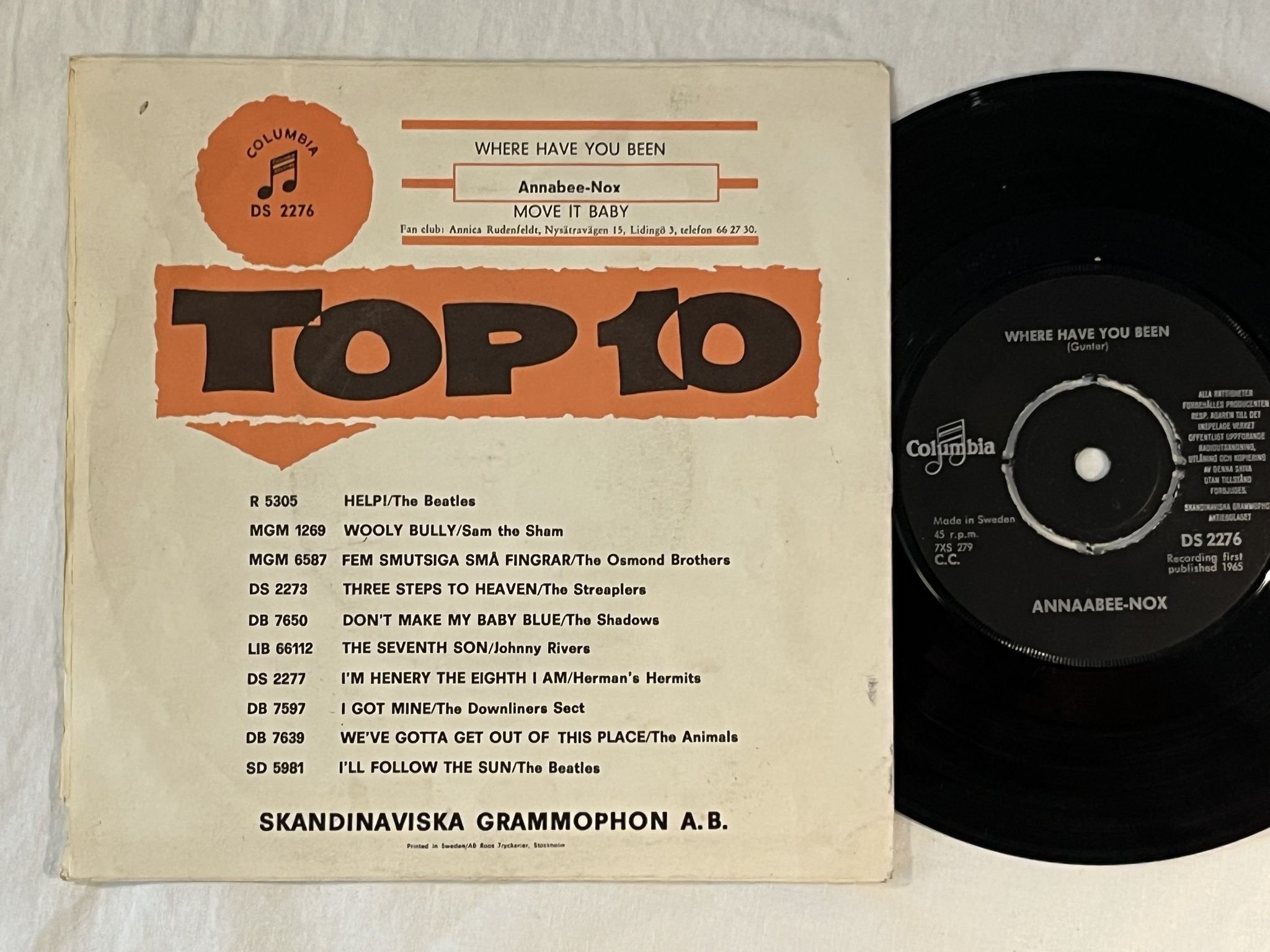 Omslagsbild för skivan ANNAABEE-NOX where have you been 7" Swe -65 COLUMBIA DS 2276