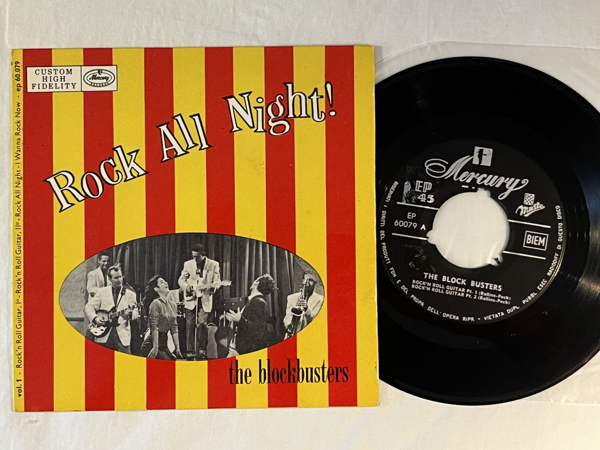 Omslagsbild för skivan THE BLOCKBUSTERS Rock All Night ! 7"ep Italy MERCURY 60079 ** Rare Doo Wop **