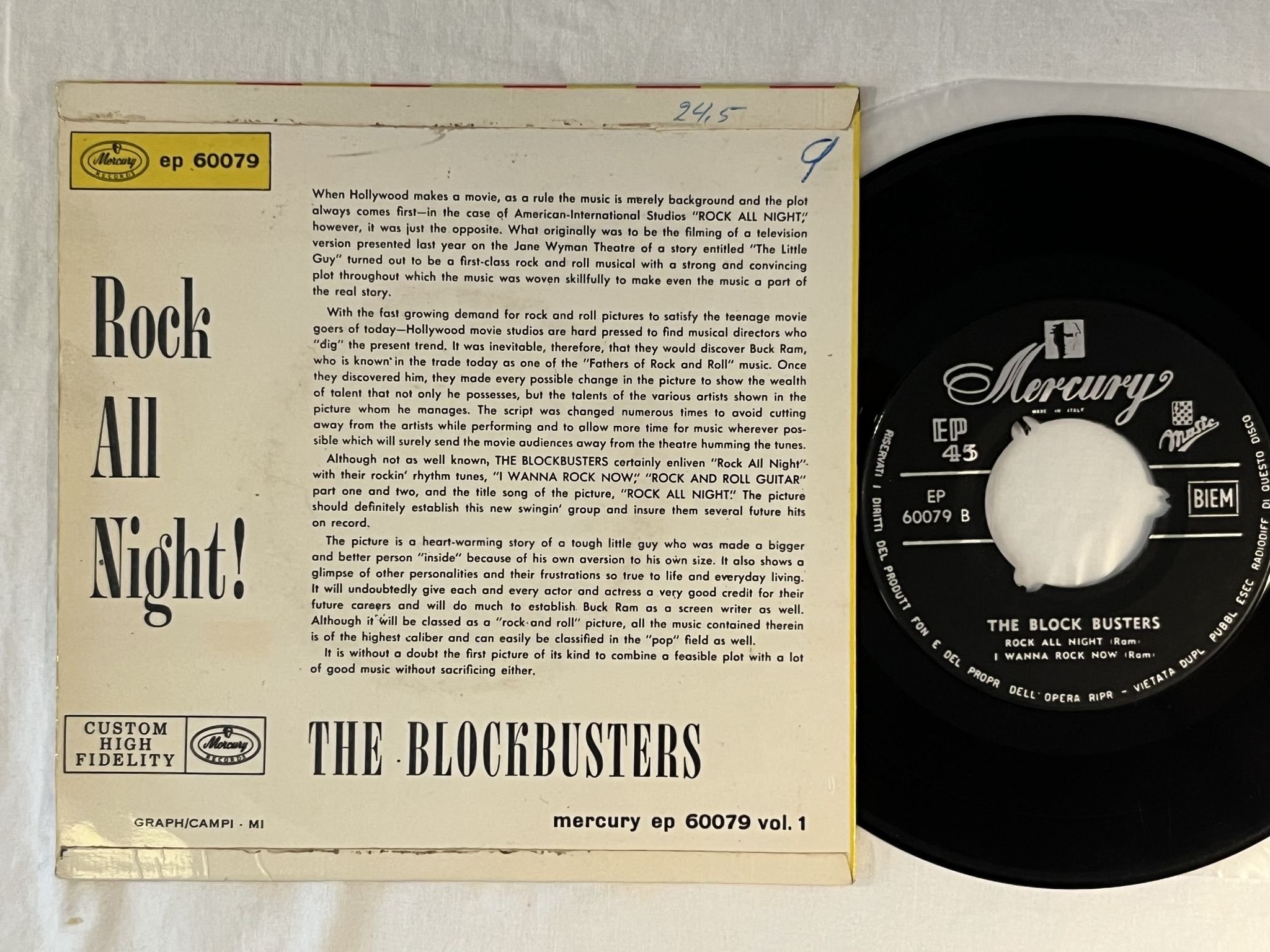 Omslagsbild för skivan THE BLOCKBUSTERS Rock All Night ! 7"ep Italy MERCURY 60079 ** Rare Doo Wop **
