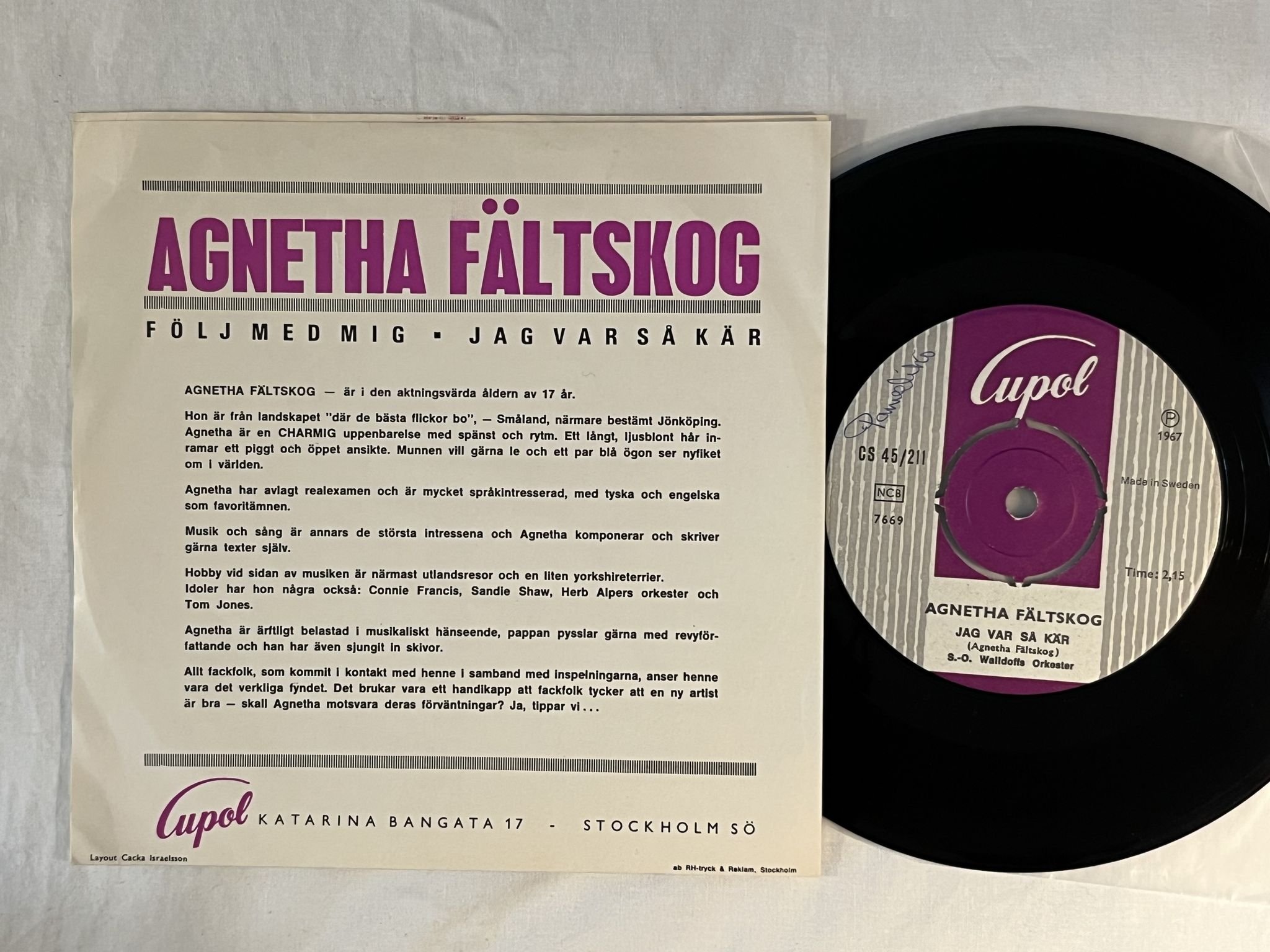 Omslagsbild för skivan AGNETHA FÄLTSKOG följ med mig 7" -67 CUPOL CS 45/211