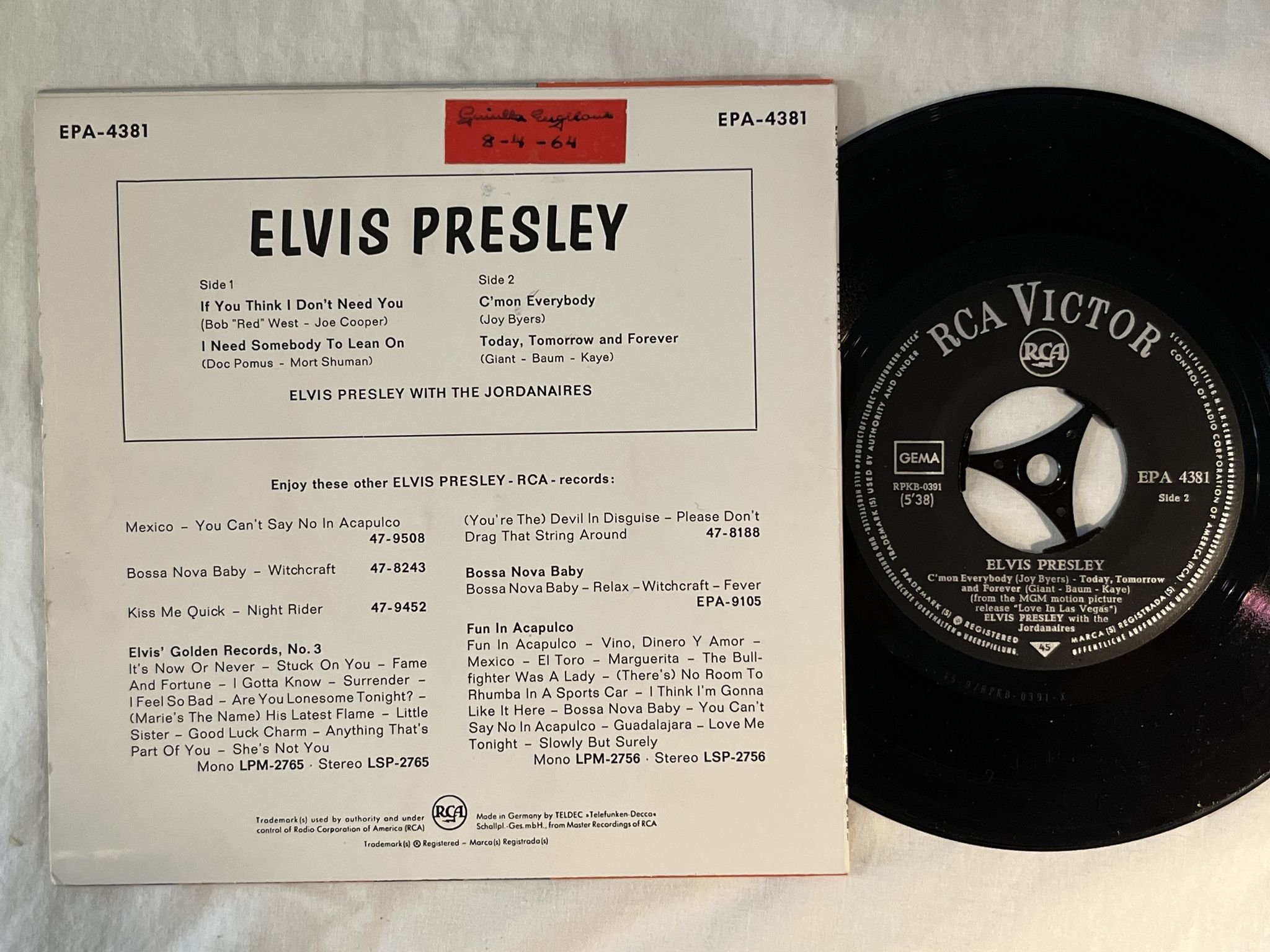 Omslagsbild för skivan ELVIS PRESLEY love in Las Vegas 7" -64 Ger RCA EPA 4381